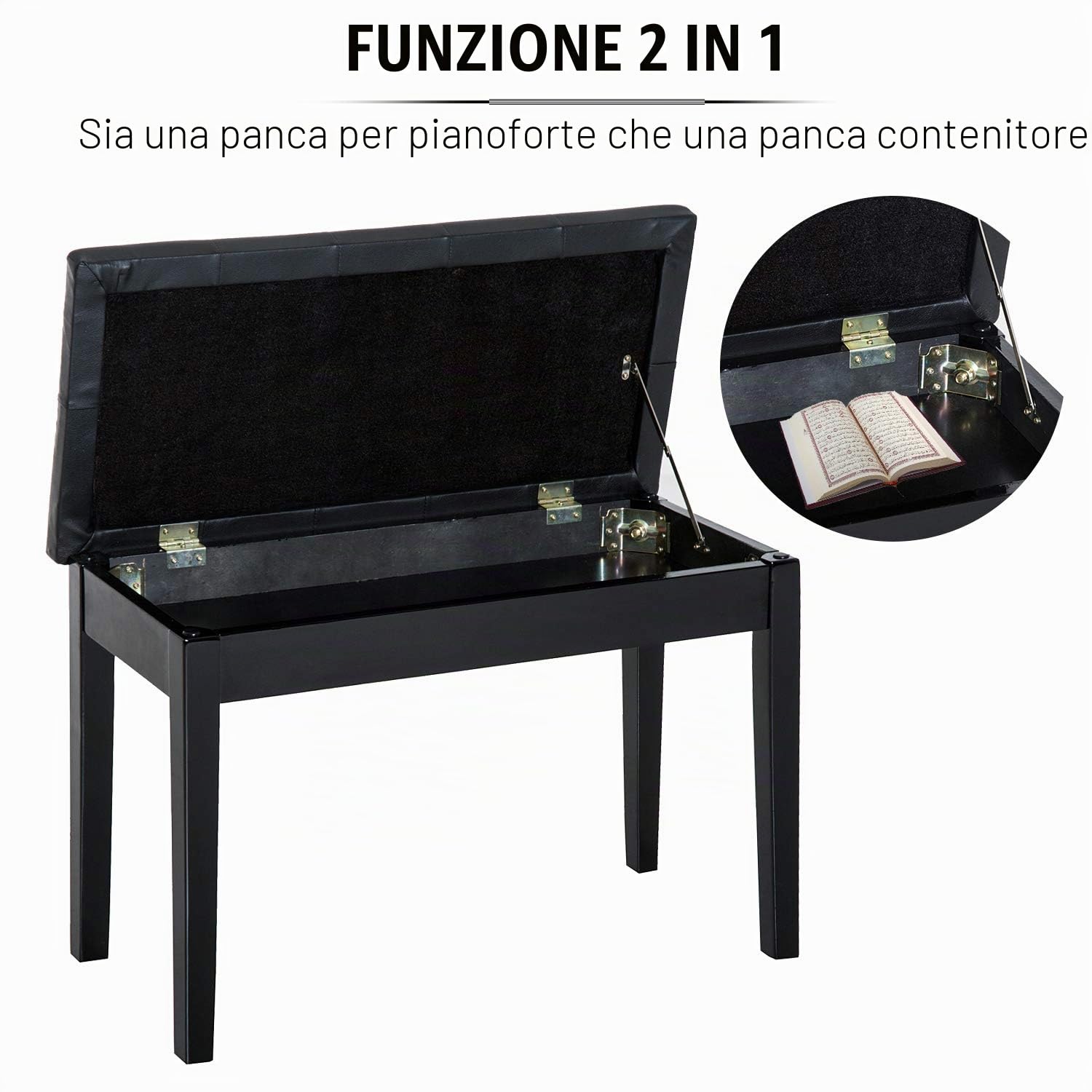 Outsunny HOMCOM Sgabello Pianoforte Professionale con Vano Portaoggetti Ecopelle, Legno 76 x 36 x 50cm Nero Sgabello Panchetta Panchina Sedia per Pianoforte con vano portaoggetti