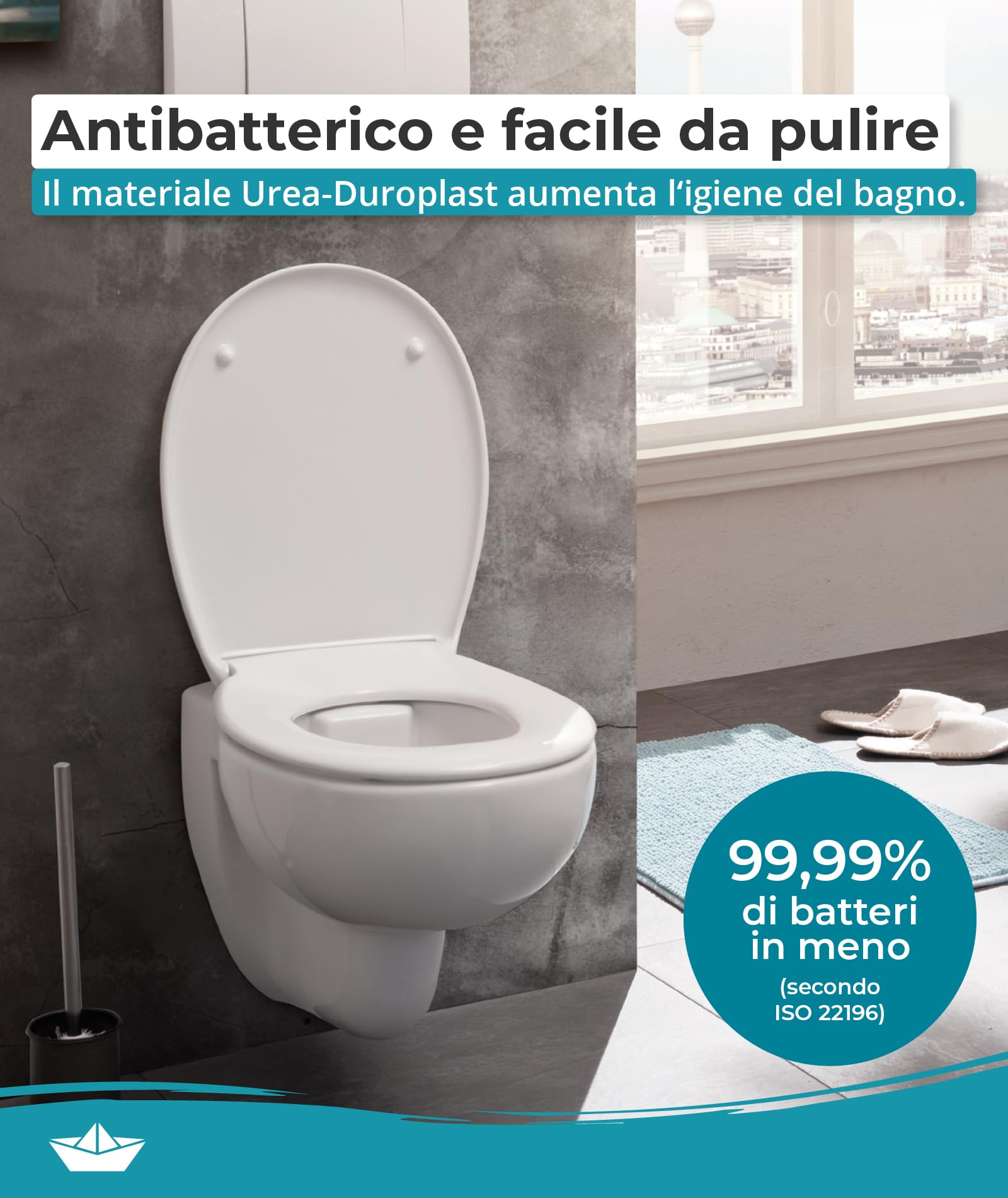 Calmwaters® Copriwater con abbassamento automatico, sedile WC facile da montare, fino a 250 kg, Made in EU, in Duroplast antibatterico, 2 modalità di fissaggio, rimovibili, occhialini ovali