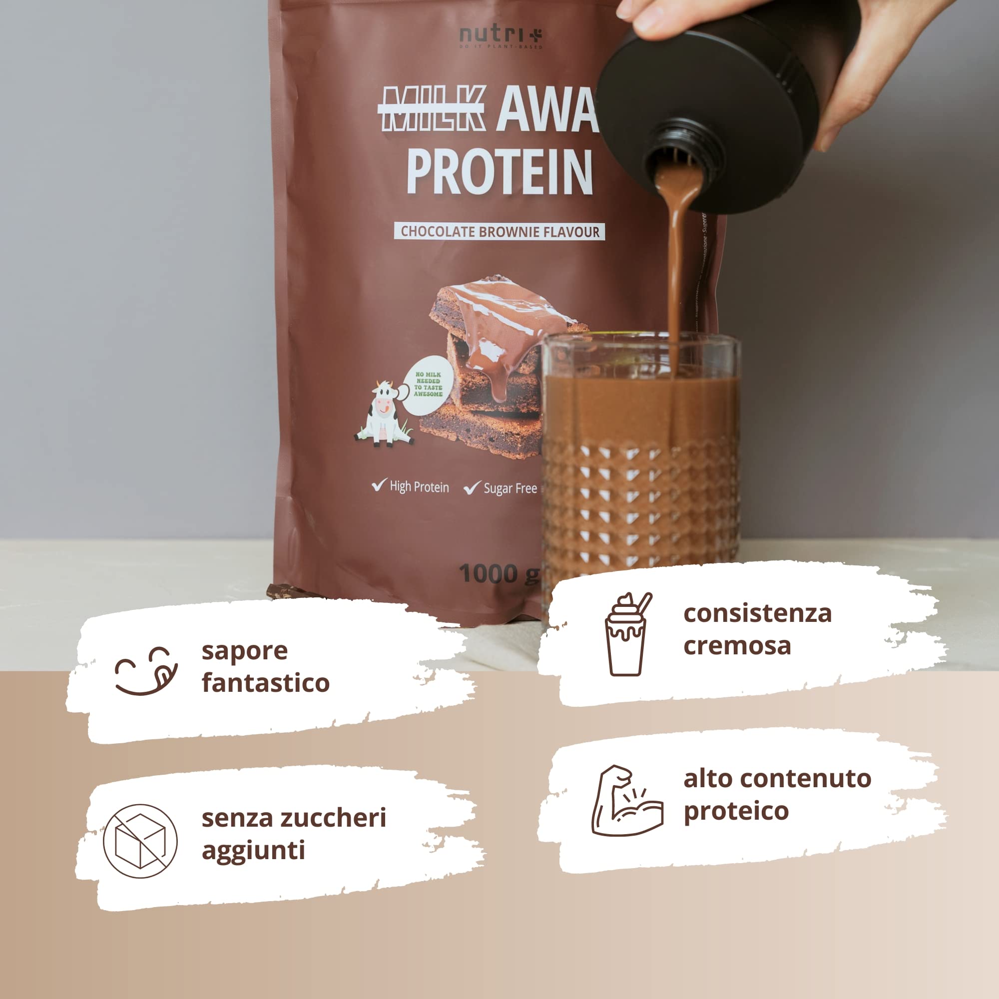 Nutri + Proteine vegane in Polvere Brownie al Cioccolato - Proteina vegan senza Soia da 1kg - Proteine 5 K da Piselli, Grano saraceno, Semi di Canapa, Riso e Semi di Zucca Chocolate Brownie