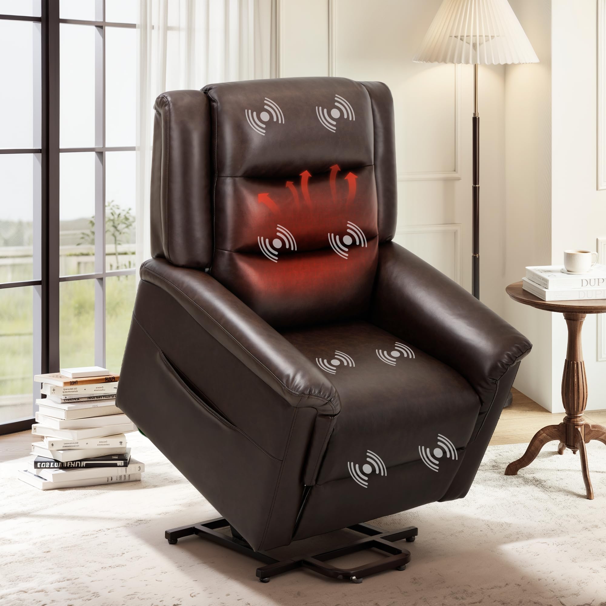 COLAMY PU Leather Power Lift Chair with Massage and Heat,Electric Lift Recliner Chair with Thick Cushioned Padding Backrest for Living Room, Office, Bedroom （Darkbrown）