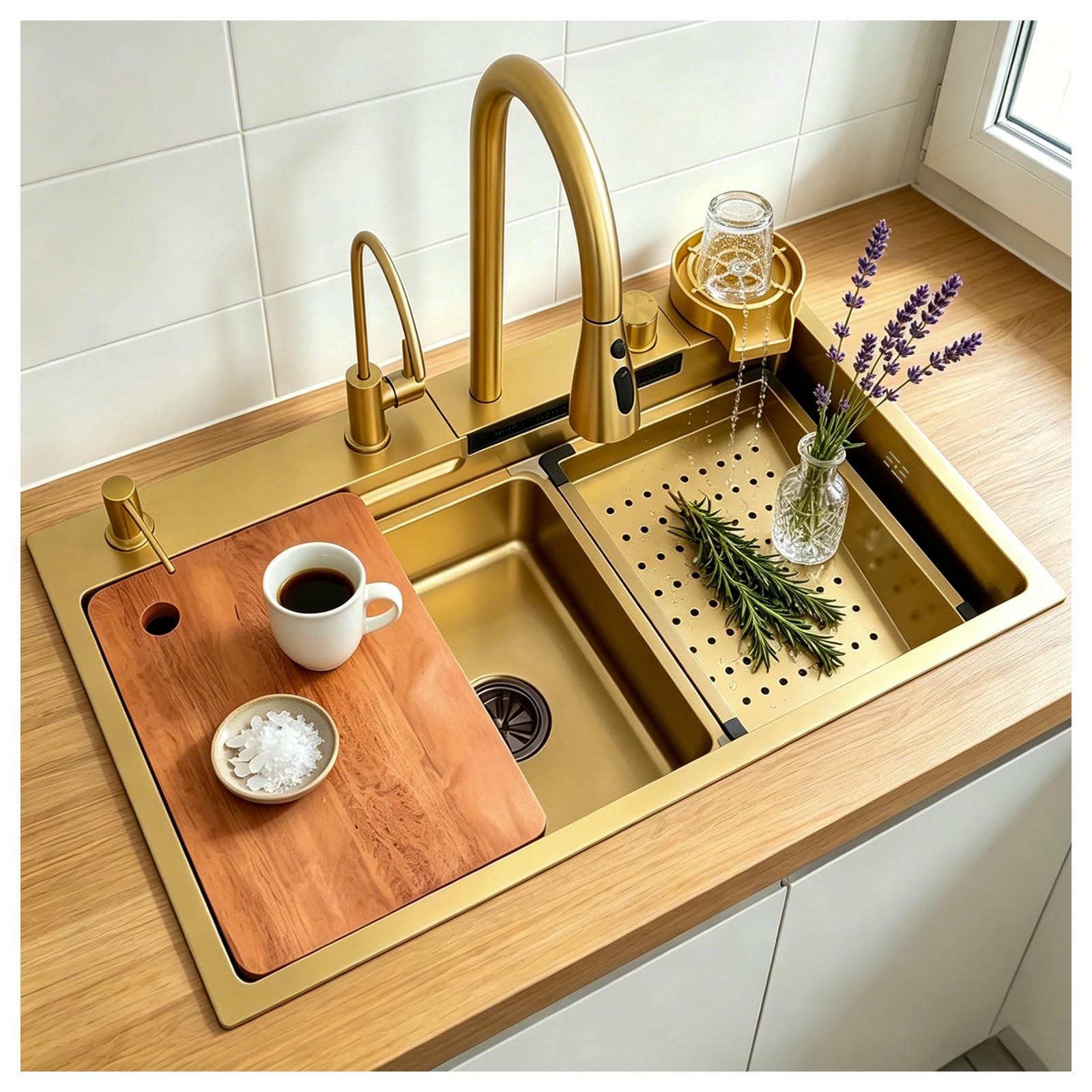 Dsmrleop Gold Kitchen Sink Waterfall, Bar Sink, 304 Stainless Steel Sink, Domestic Sink Set,Integrated Sink With Removable Faucet, Drop-In Or Undermount Installation (Color : Size : 75X45cm)