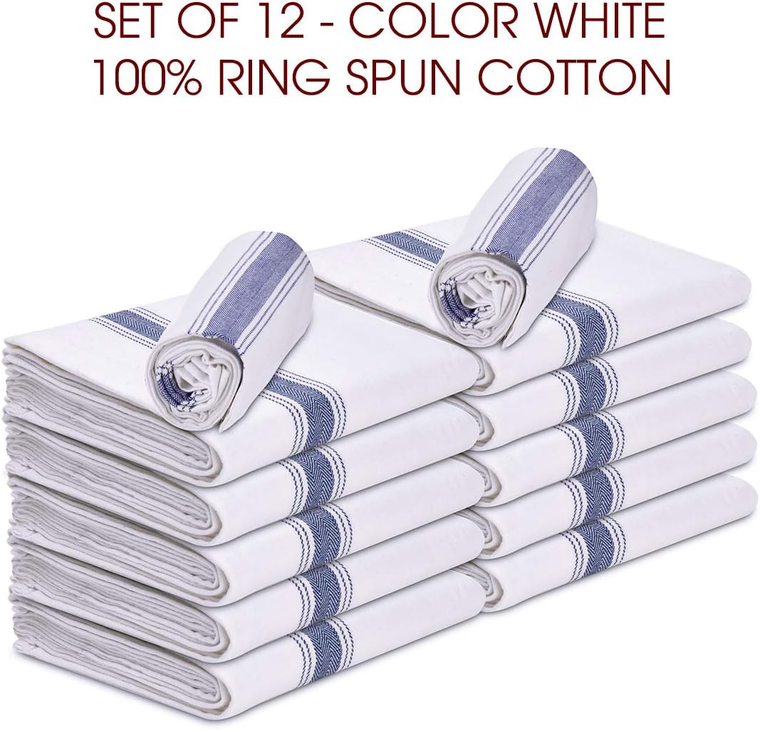 Kitchen Dish Towels 100% Cotton White Flour Sack Tea Cloth with Blue Herringbone Stripe, Pack of 12 Perfect Classic Dish Towel 15” x 25” Dishcloths for Bars Kitchens Counters etc. - Image 3