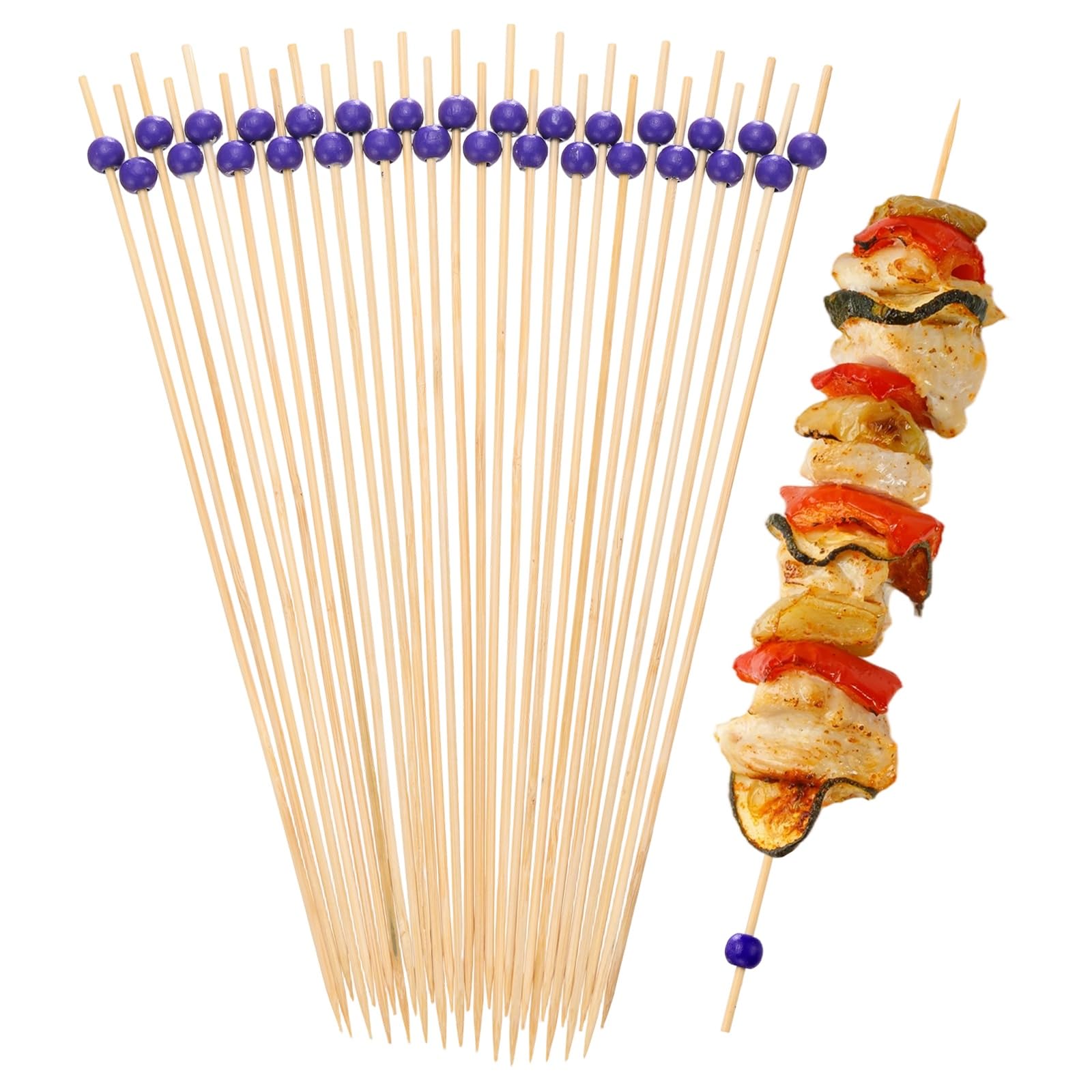 M METERXITY 100-Pack Cocktail Picks, 10 Inch Long Bamboo Fancy Toothpicks for Barbecue/Charcuterie Boards/Drinks/Fruit/Party Supplies, Food Decorative Sticks Skewers [Purple, Bead]