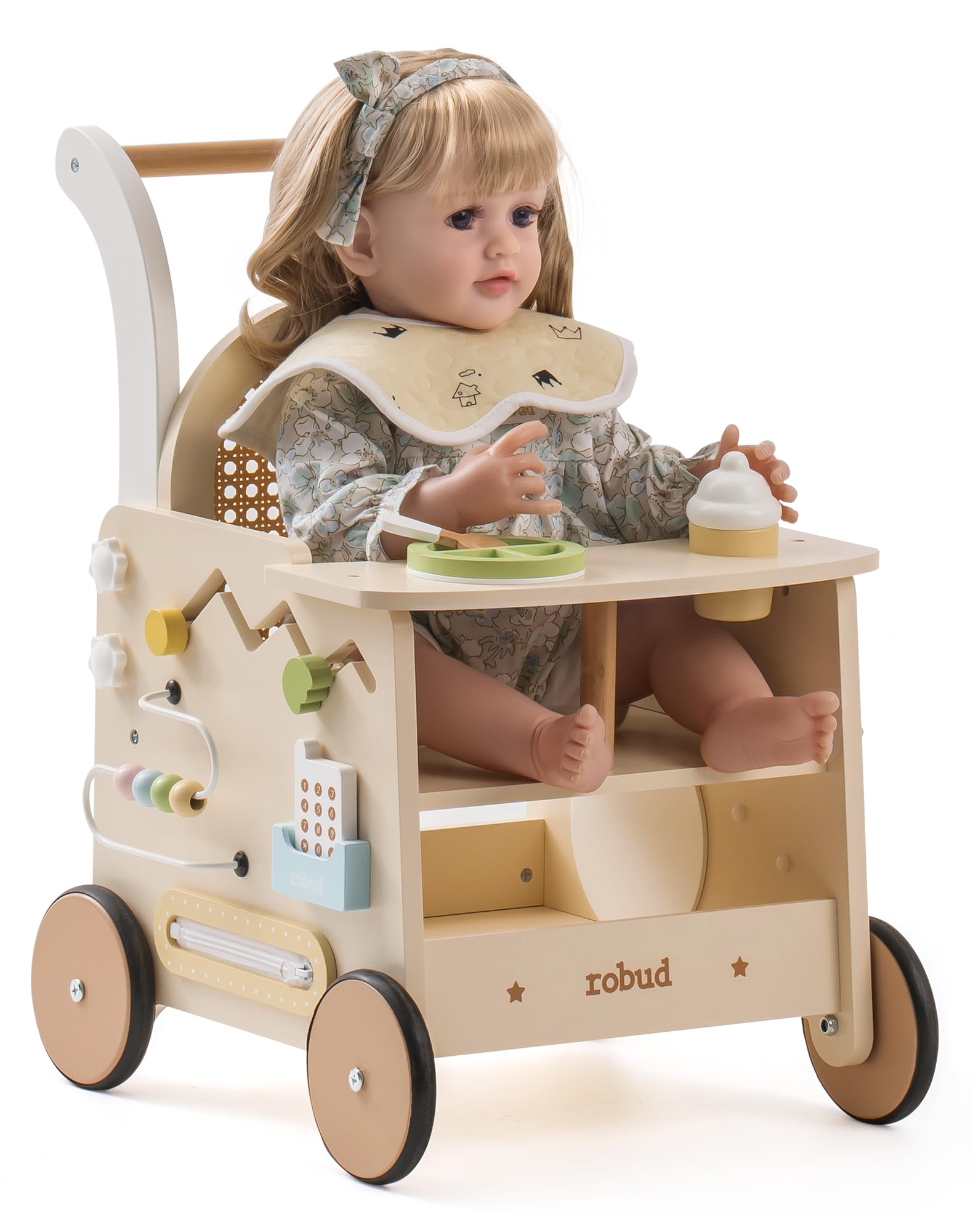 ROBUD Drewniany pomocnik do nauki chodzenia Baby Walker 2 w 1, wózek do nauki chodzenia z Montessori Busy Activity Board, hamulec bezpieczeństwa, zabawka na spacery, prezent