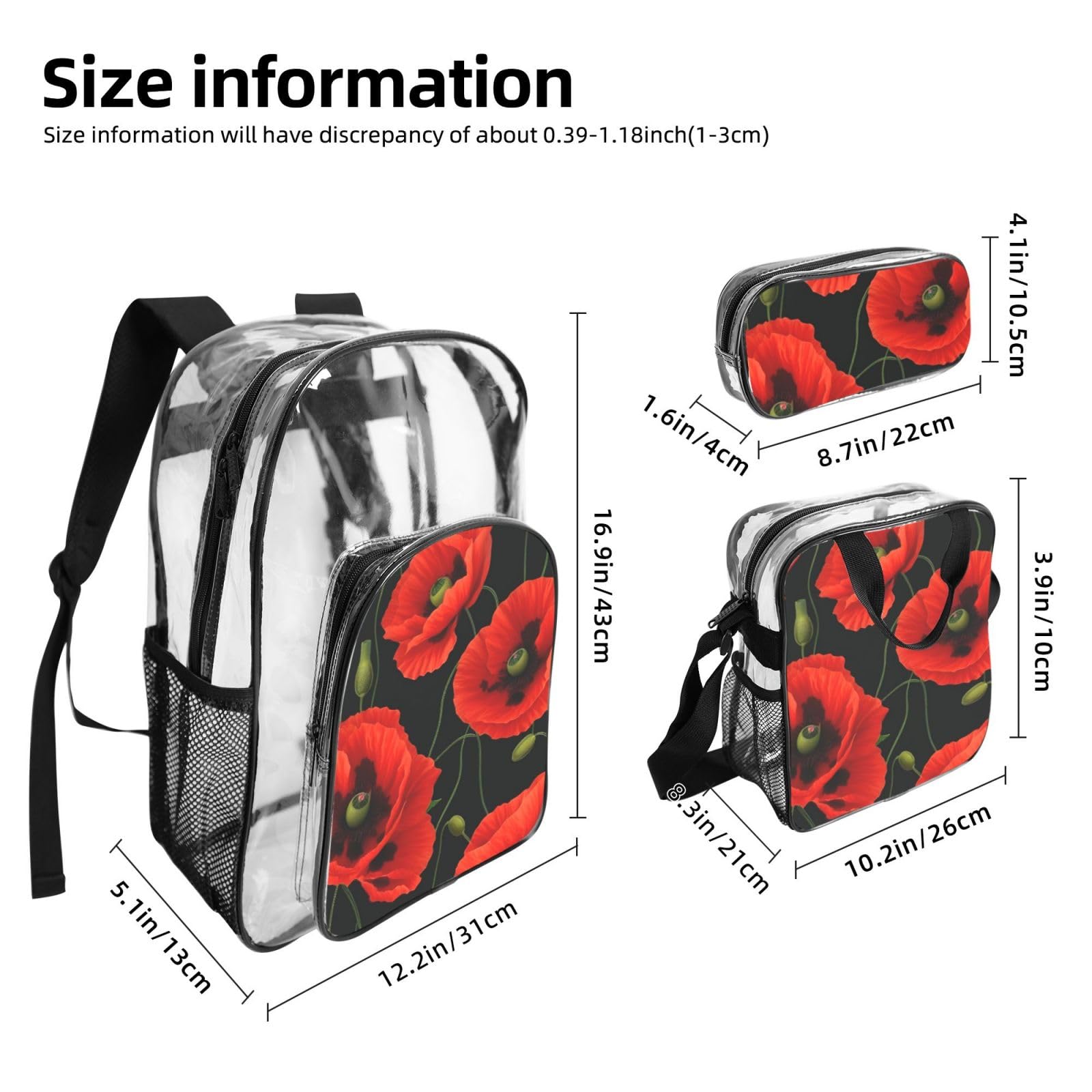 Ensemble de 3 sacs à dos transparents avec imprimé coquelicots pour l'école, les voyages, l'extérieur, sac à déjeuner transparent
