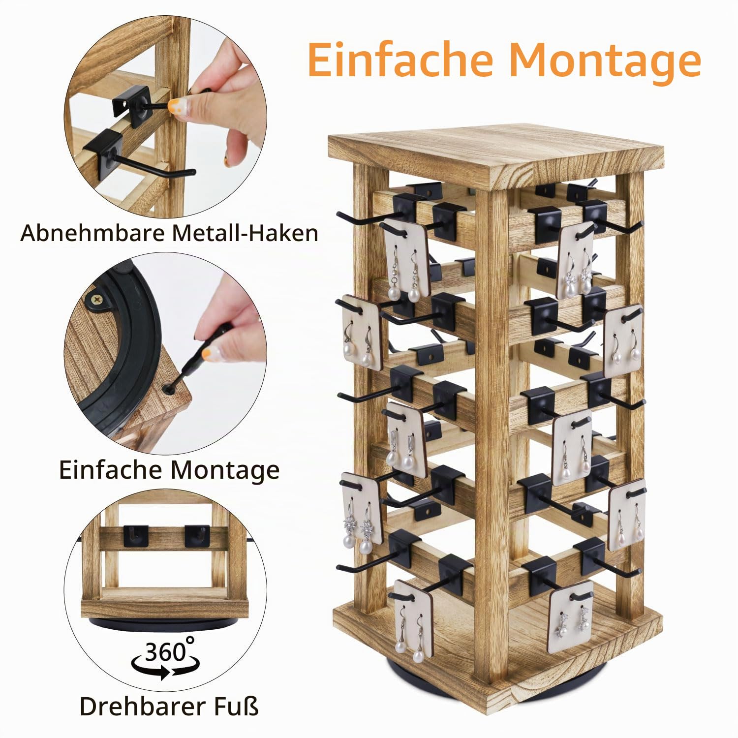 Ikee Design Schmuckaufbewahrung aus natürlichem Holz, drehbar, mit 42 Haken, Holz-Zubehör-Turm, Eichenfarbe, 19,1 cm B x 19,1 cm T x 39,9 cm H