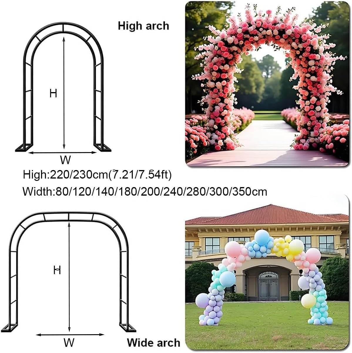 Arco de Jardín Grande de Hierro Forjado para Rosas,Arco De Rosas Y Plantas Trepadoras De Jardín 120 cm a 350 cm Tutor Enrejado para Al Aire Libre para Boda, Fiesta, Ceremonia Exteriores(Negro,W180 X H