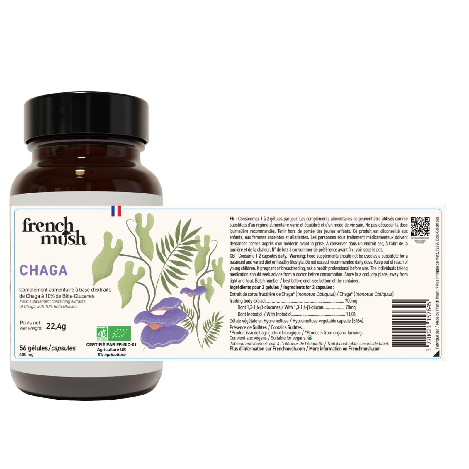French Mush Funghi Chaga Bio Capsule 8000 mg - Superalimento Antiossidante - Complesso di Funghi Chaga Ricco di Vitamine B, D e K - Fungo Adattogeno - Testato in Laboratorio (56 capsule)