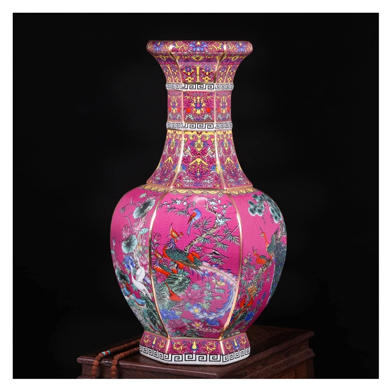 SnamicE Vase Tabletop Enamel Antique Hexagonal Tall Vase Floor Ceramic Furnishing Articles Large Floor Vases 27 * 51cm,A Pink