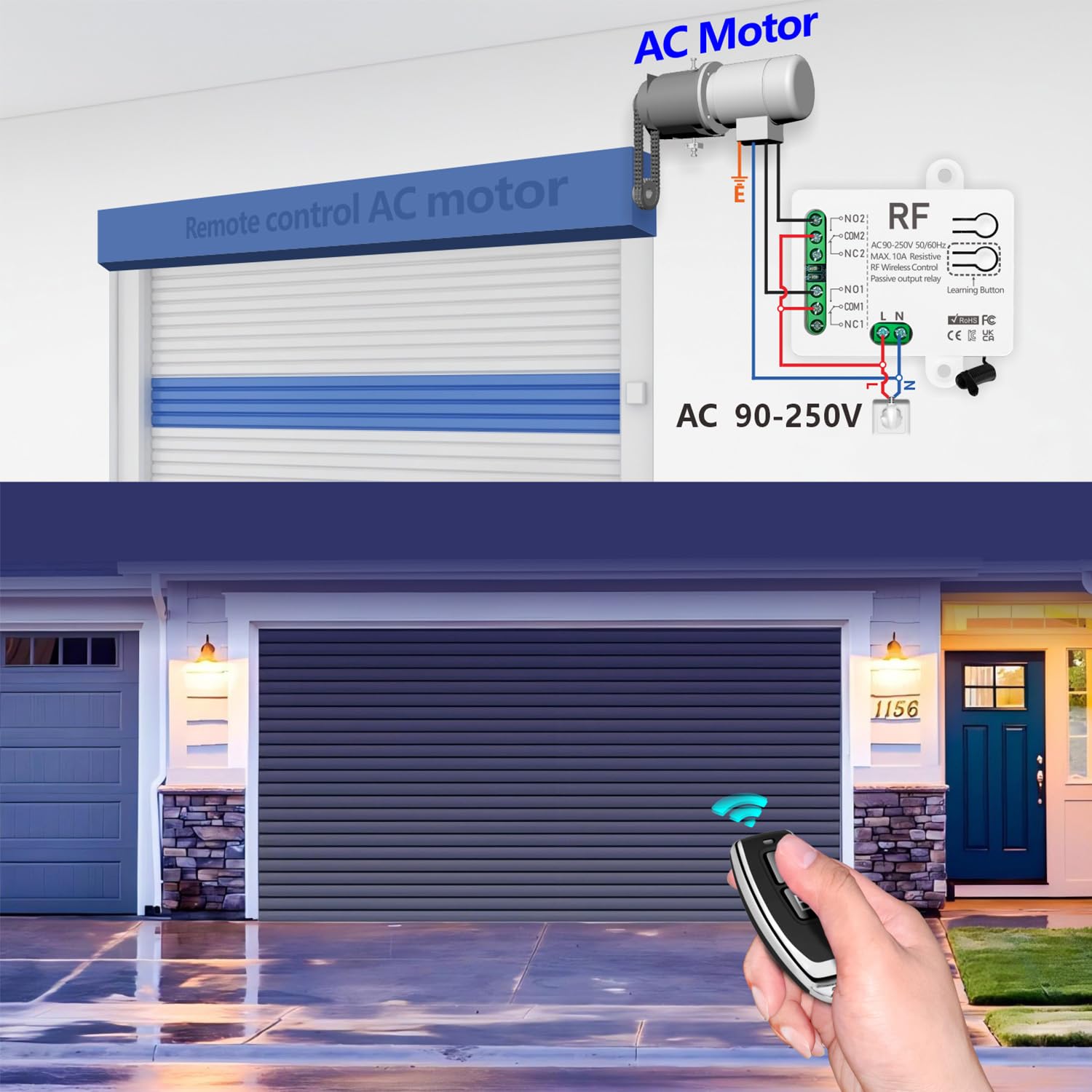 433mhz Commutateur De Telécommande Sans Fil, 2 Canaux AC 220V 230V 240V 10A Relais Récepteur Avec 2 Émetteur Pour Porte De Garage Volet Roulant Lumières Pompes