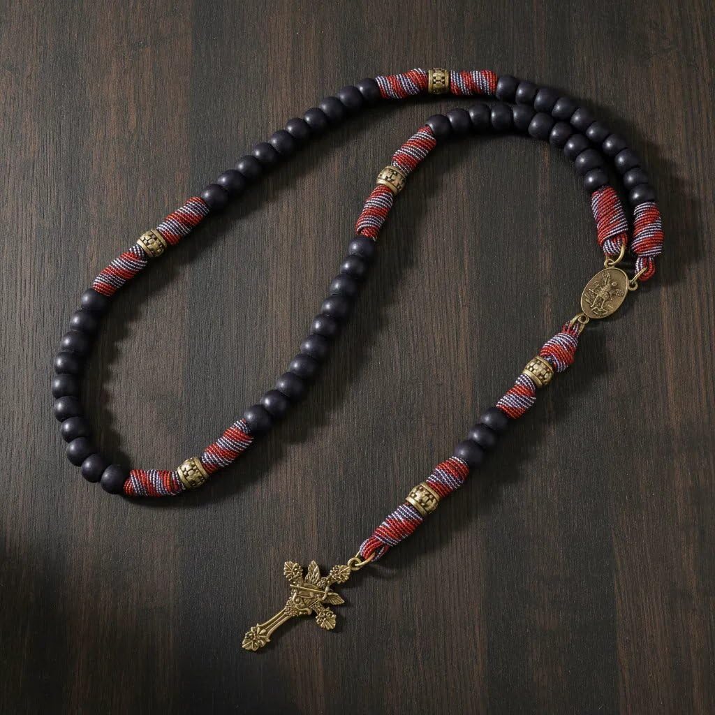 Nazareth Store St. Benedikt Paracord-Rosenkranz 8 mm schwarze matte Perlen Antikbronze starke robuste Kordel-Rosenkranzkette mit Jesuskreuz (Rote Paracord-Bronze St.Michael)