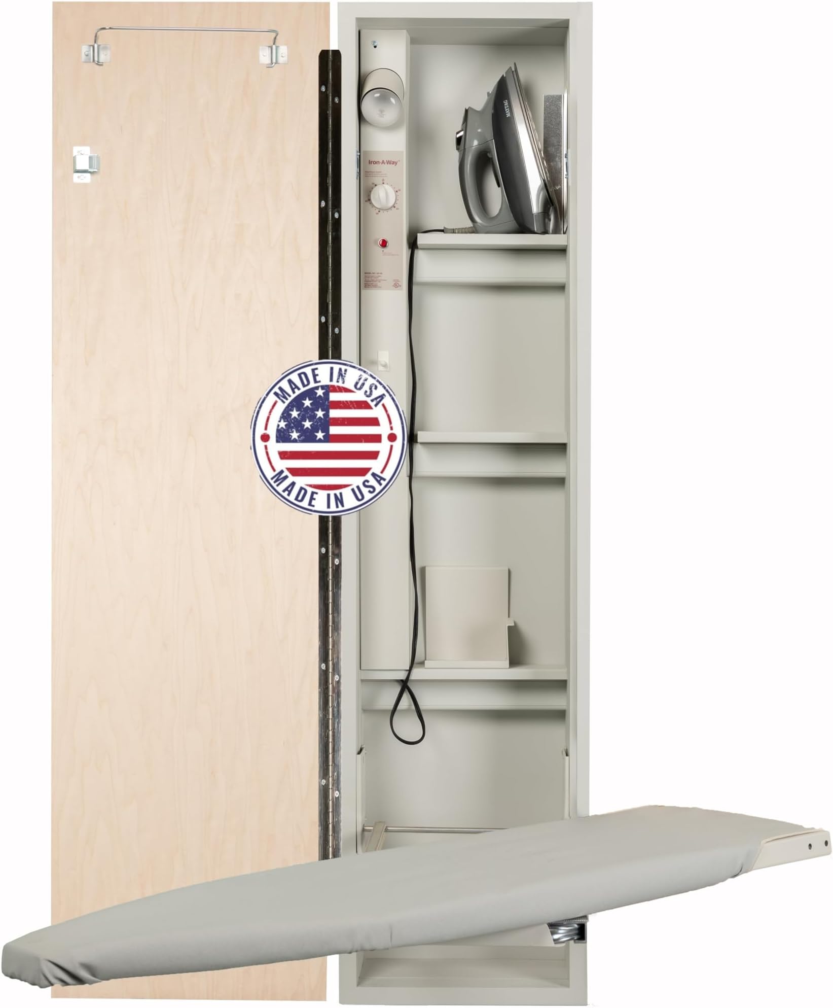 Iron-A-Way Built-In Ironing Center with 46 Inch Swiveling Ironing Board, Electrical System, Hot Iron Storage and Flat Maple Veneer Door-AE46WDU