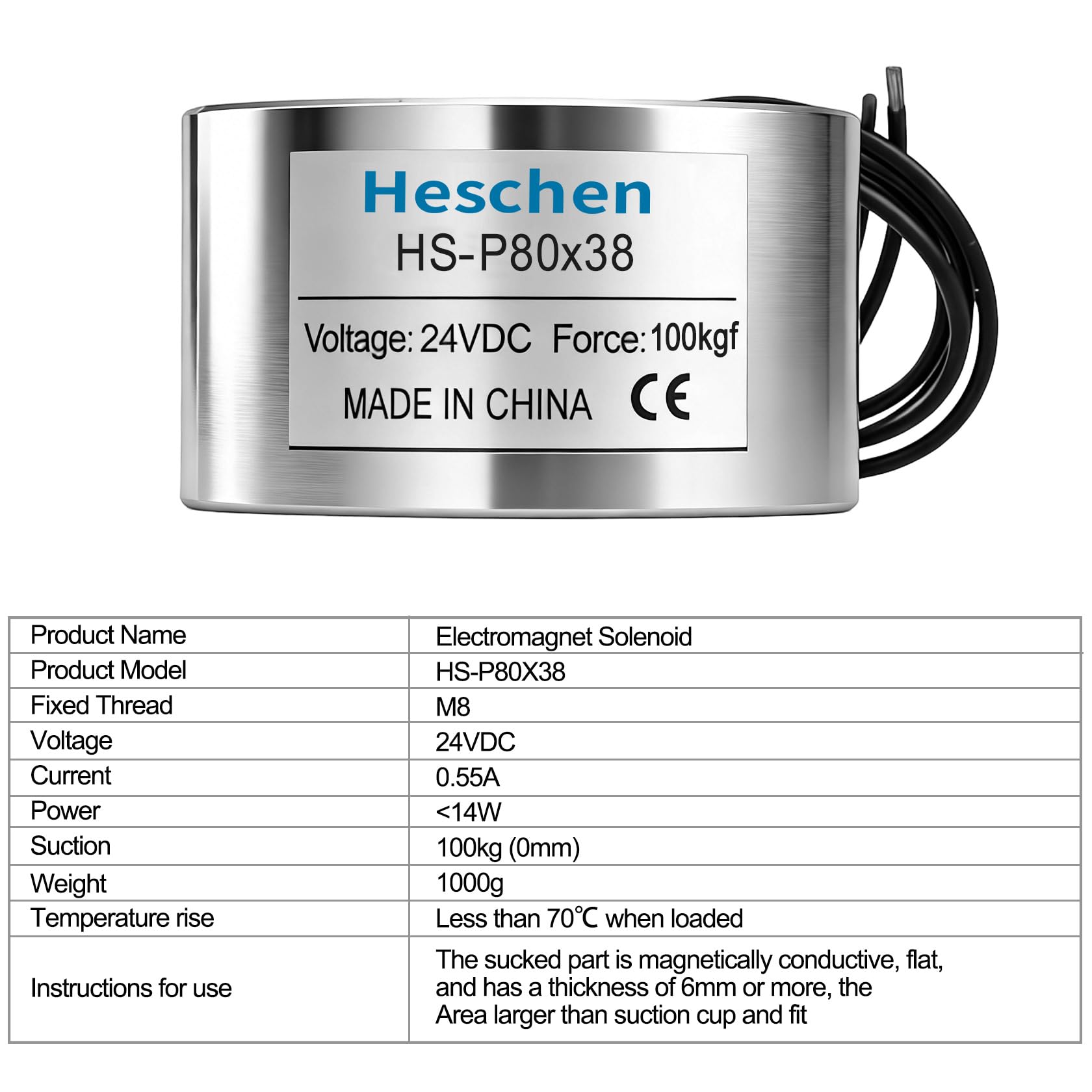 Heschen Electroimán Imán Solenoide, HS-80/38, OD 80mm, DC 24V, 100Kg/220lb