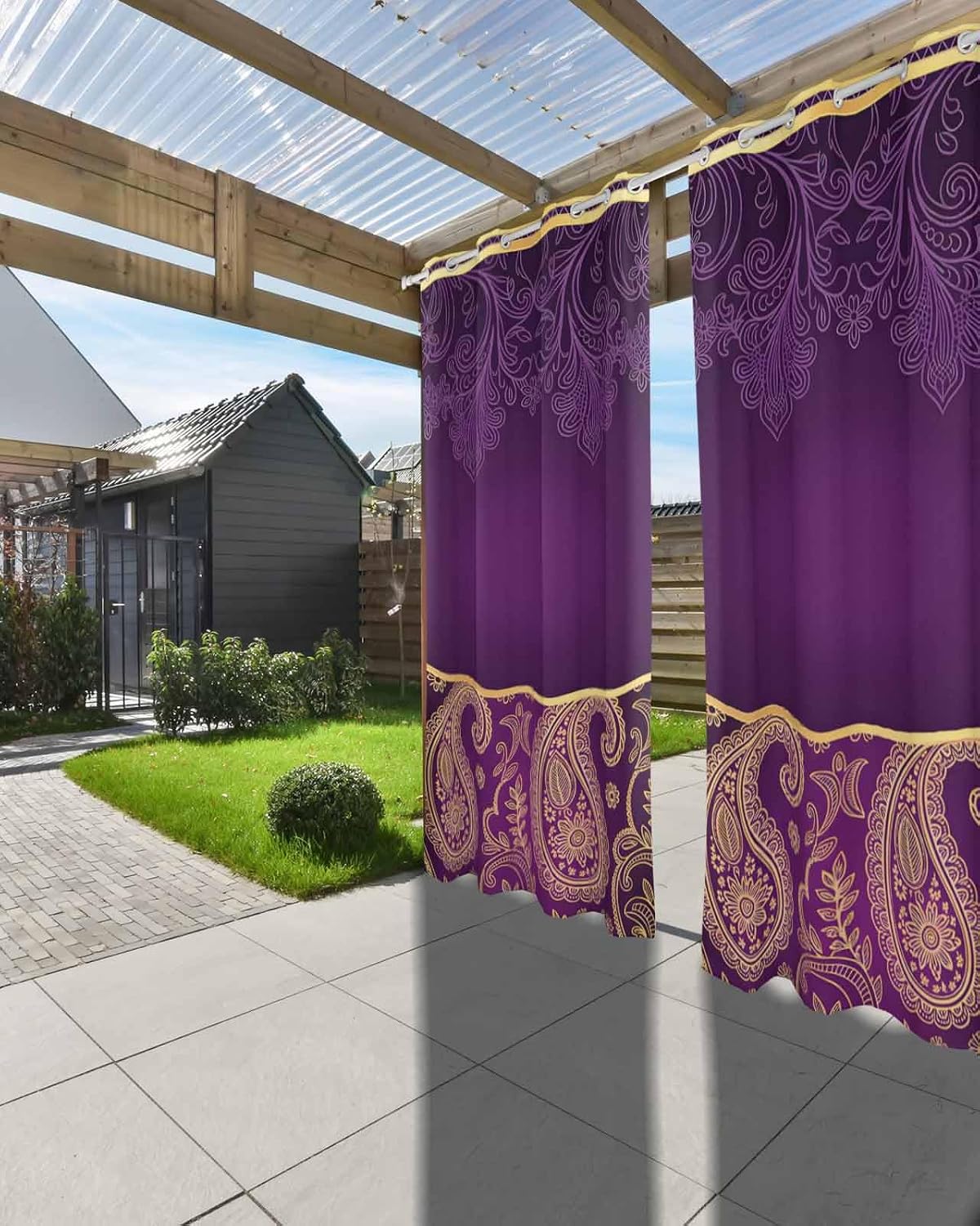 Outdoor Curtains for Patio Waterproof, Purple Boho Floral Windproof Pravicy Outside Porch Blackout Curtain, Vintage Ethnic Tribal Abstract Art Sun Blocking Curtains for Cabana Gazebo 2 Panels 54"x84"