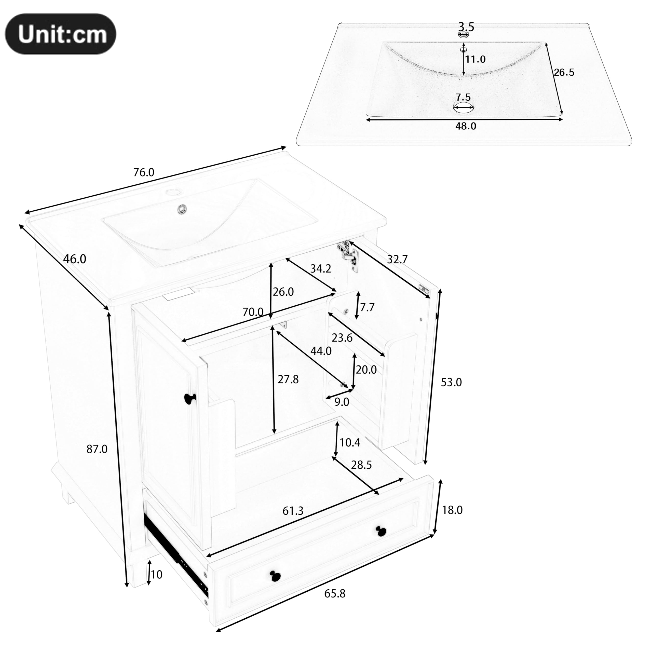 Merax Waschbecken mit Unterschrank, Bodenstehender Badezimmerschrank mit Waschbeck, Waschtisch, Beine aus Massivholz, feuchtigkeits- und wasserdicht, Keramikwaschbecken, Grau, 76x46x87cm