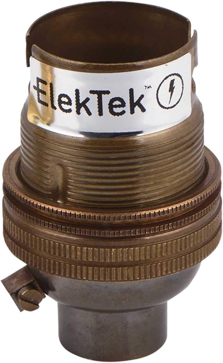 ElekTek Unswitched Lamp Holder B22 BC Bayonet Cap with Shade Ring 10mm/M10 x1 Threaded Bottom Entry - Made in UK - Antique Brass