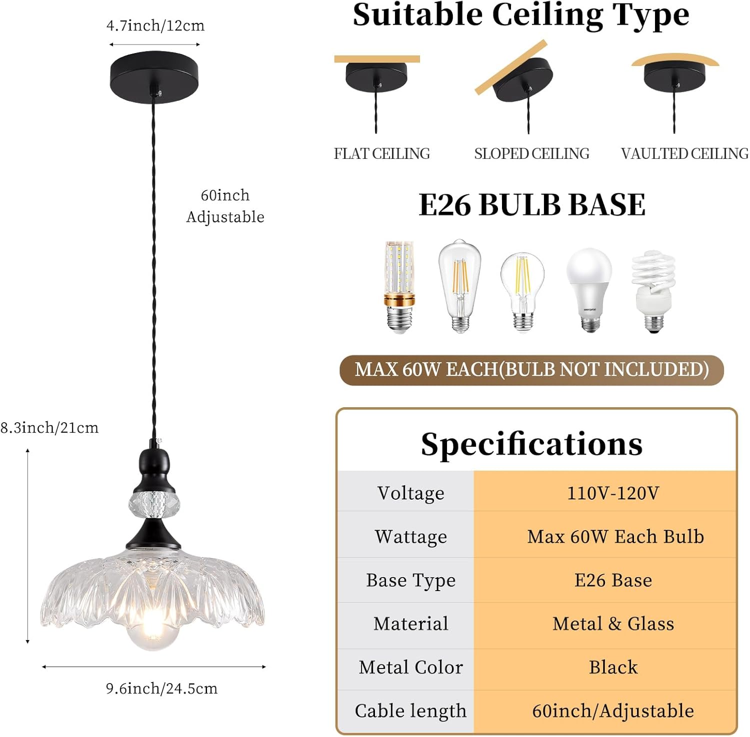 Vintage Glass Pendant Lights Fixture Modern Black Chandelier Adjustable Hanging Light Farmhouse Kitchen Island Lighting for Bedroom Dining Room Living Room Hotel