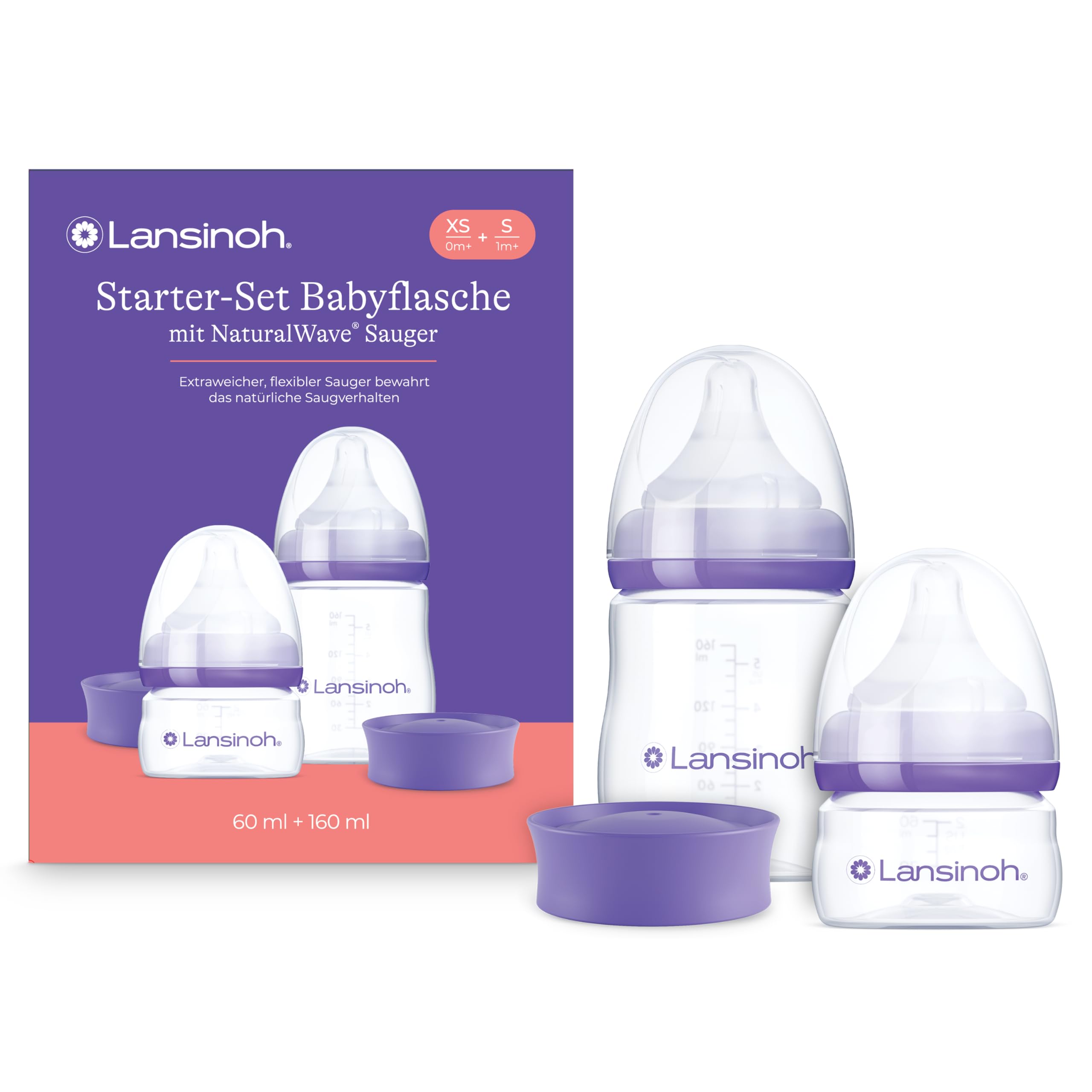 Lansinoh Neugeborenen Babyflaschen Starter-Set mit NaturalWave Sauger XS & S, 60 & 160 ml - für Frühchen und Neugeborene - Anti Kolik Ventil & BPA frei