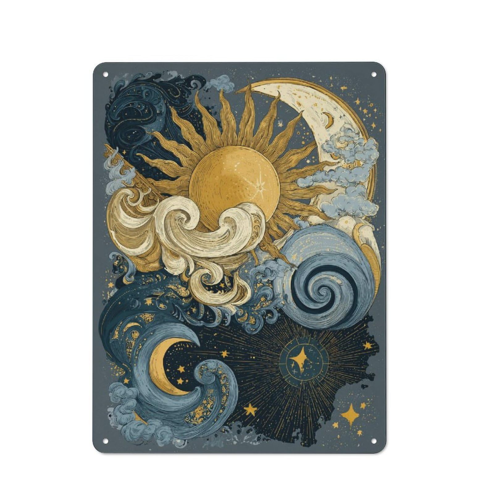 Junmoney Celestial Harmony Sun, Moon & Waves Tin Wall Plaque 40X30cm With For Living Room Wall, Gift For Feature Wall Decorators During The Christmas Season