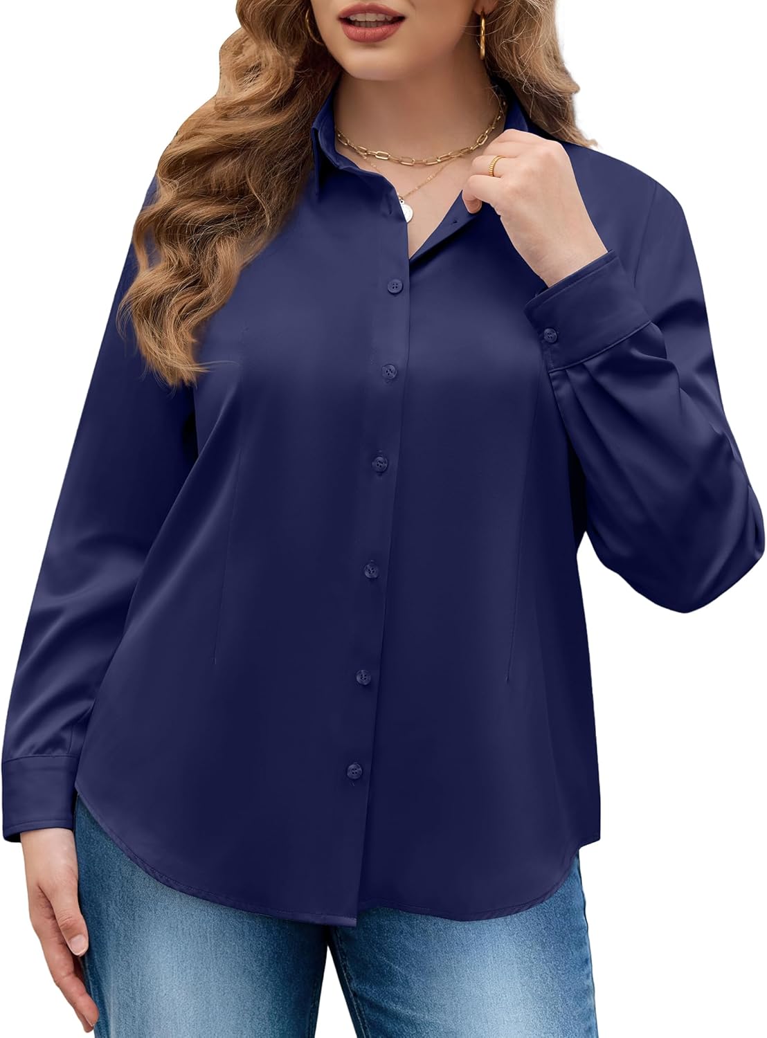 siliteelon Plus Size Button Down Shirts for Women Long Sleeve Dress Shirt Stretch Collared Shirt Work Office Blouse Top - Image 8