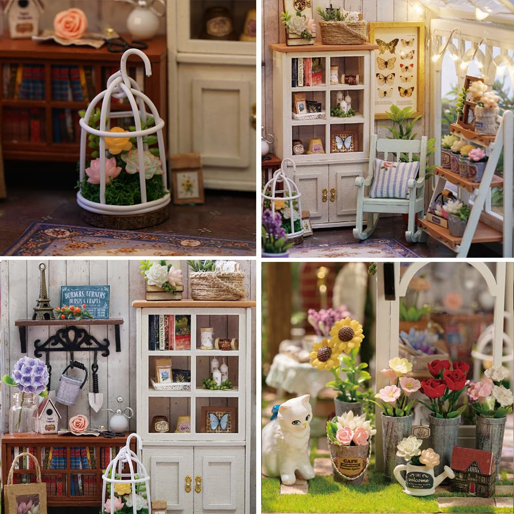 Puppenhaus Kit Gewächshaus, DIY Miniaturraum mit LED-Licht, Holz Modellbausatz für Erwachsene, Blumenhaus, Geschenke für Freunde