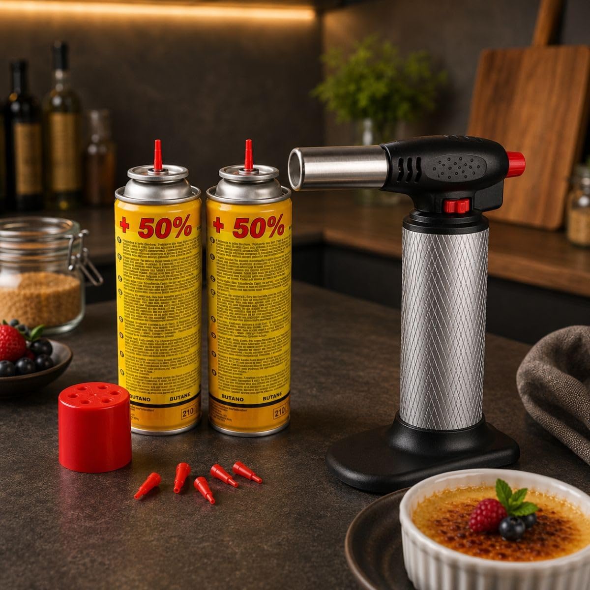 KEMPER - Soplete de cocina de gas recargable + recambios de llama ajustable para crema quemada barbacoa pastelería