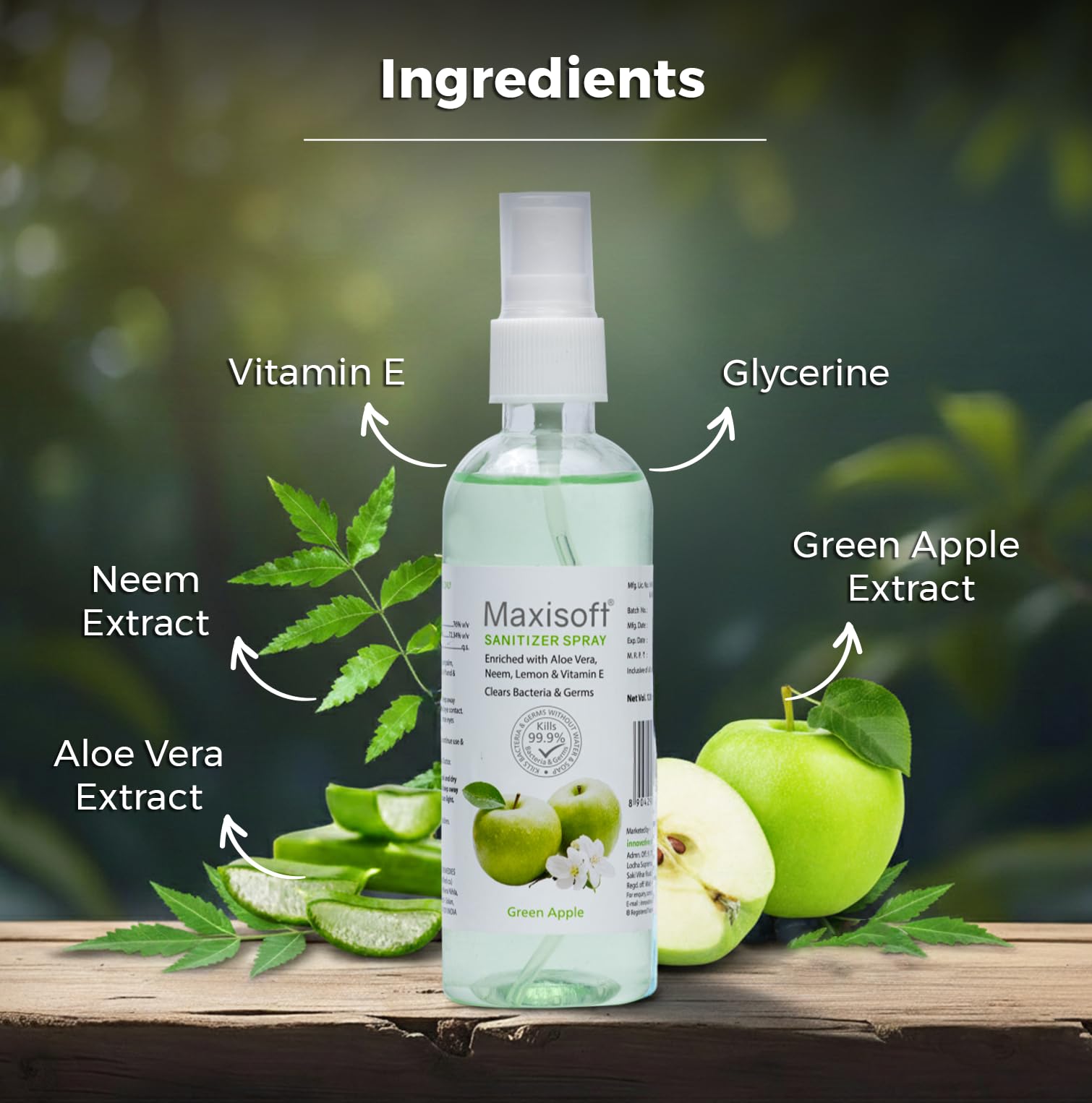 Maxisoft Hand Sanitizer Spray (120 ml)|With Aloe Vera, Lemon, Neem, Vitamin E & Glycerine|Paraben Free|Gentle on skin, tough on germs|(120 ml) (Green Apple, Pack of 4 (120ML X 4)) 2