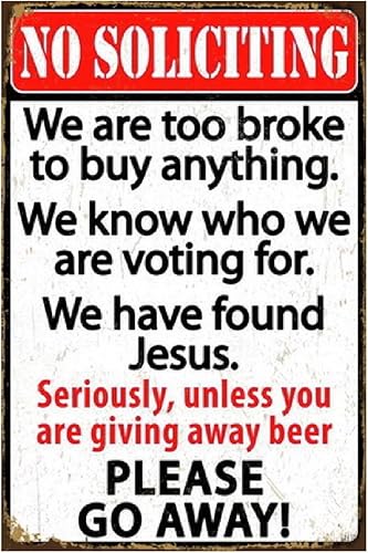 Letrero divertido de "No Soliciting", letrero de metal de advertencia de lata, con texto en inglés "Unless You are Giving away Beer Please Go Away", disponible en Yaxa Colombia