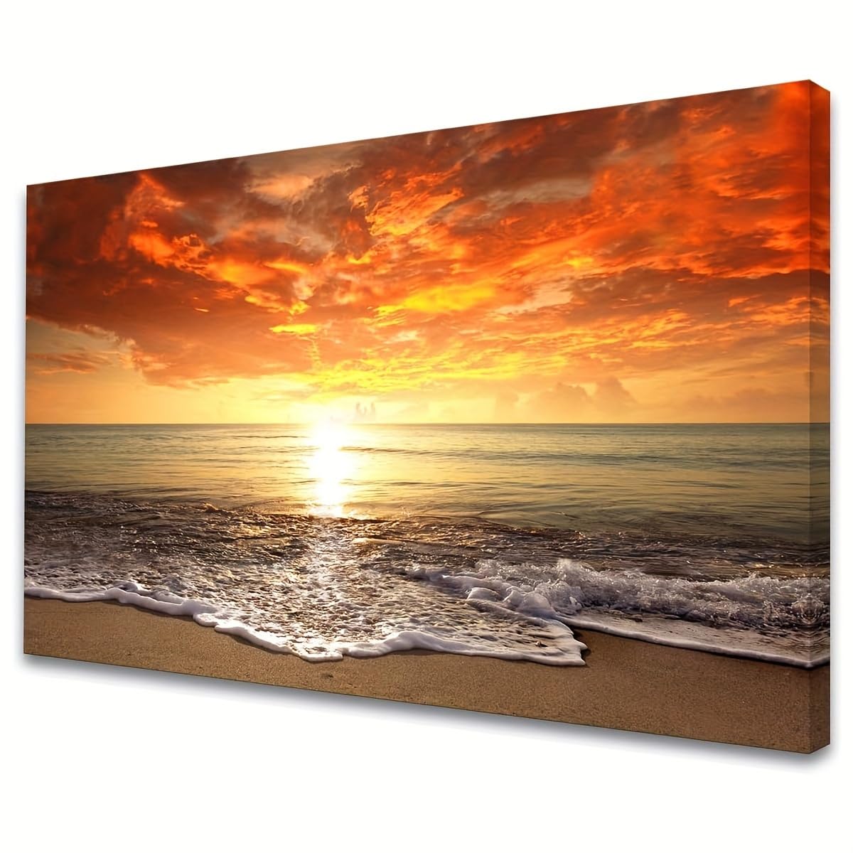 LSYALUCK Coastal Seascape Wall Art - Orange Red Yellow Sunset Beach Painting Canvas, Modern Ocean Waves Landscape for Living Room(50x90cm(20x35in)/InnerFrame)