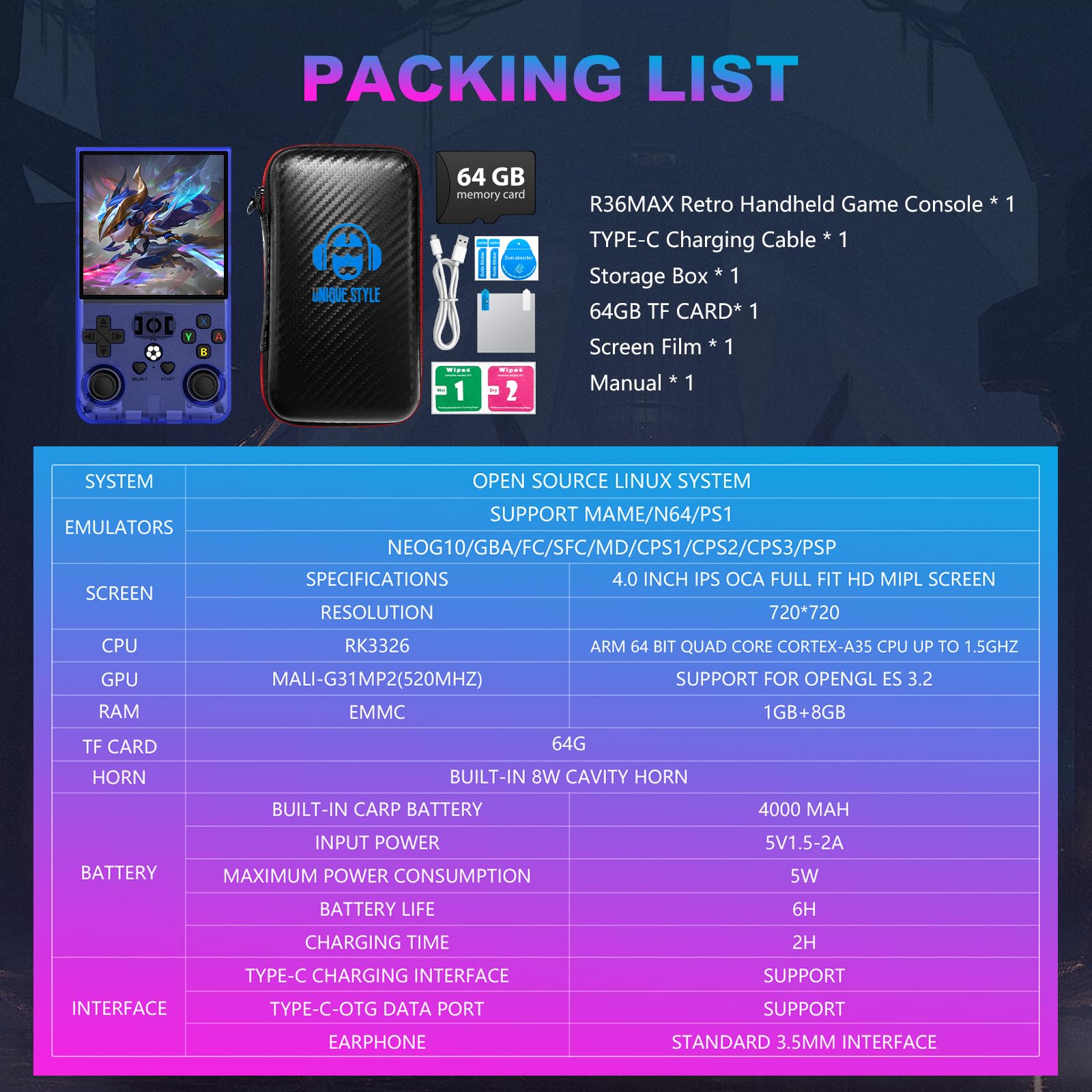 R36MAX Retro Handheld Game Console, 4.0 Inch 720x720 IPS Screen, Built-in 18,000+ Classic Game, Portable Hand Held Open Source Linux System, 4000mAh Battery Retro Gaming Console (Blue 64GB)