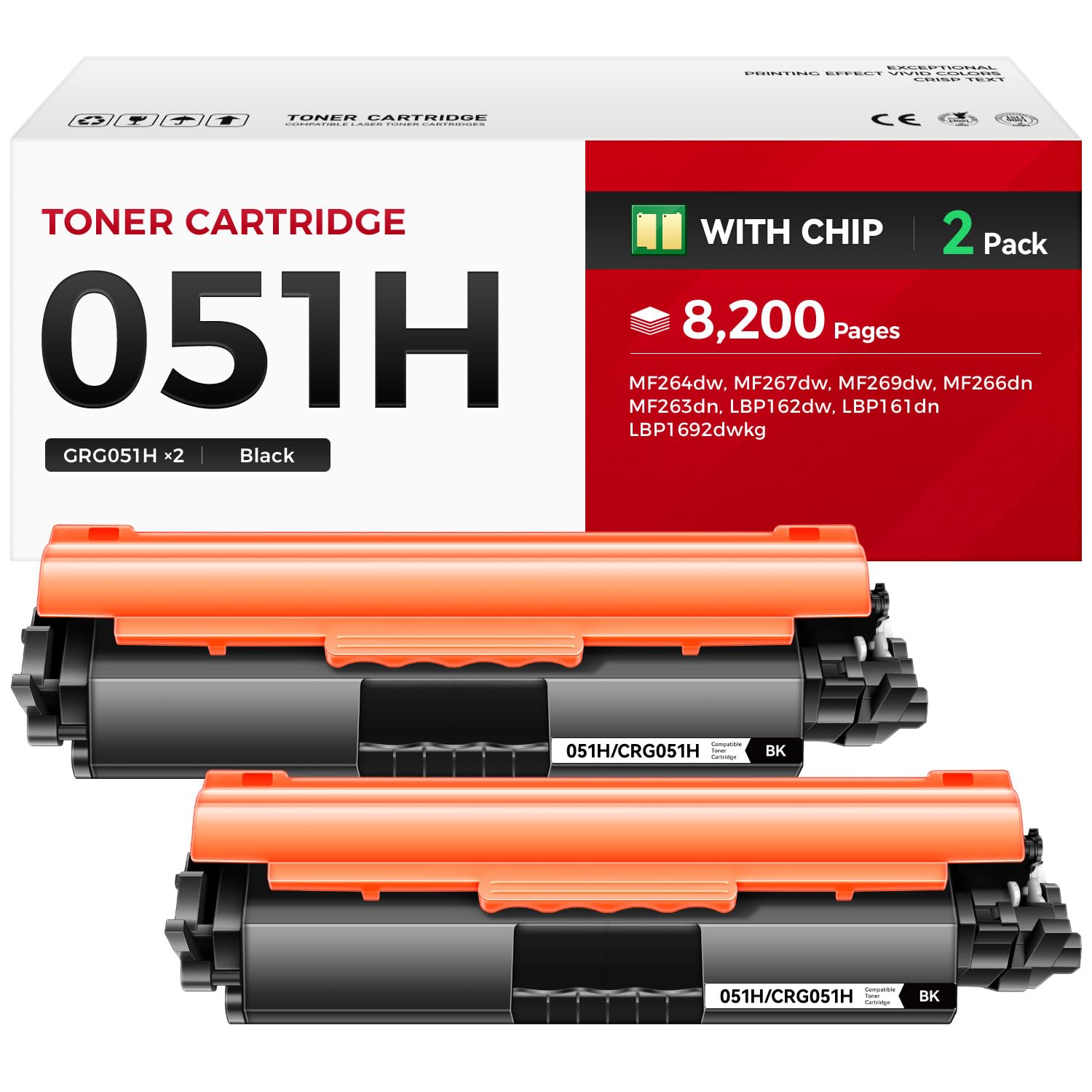 051H Toner Cartridge Black 2-Pack with chip High Yield Replacement for Canon 051 051H Compatible for Canon ImageCLASS MF264dw MF267dw MF269dw LBP162dw MF266dw MF263dn LBP161dn Laser Printer Ink Copier