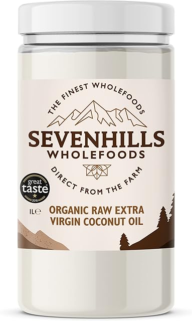 Sevenhills Wholefoods 1L Organic Extra Virgin Raw Coconut Oil (Cold-Pressed), Recyclable Plastic Tub, For Cooking, Baking, Skin Moisturiser, Hair Conditioner