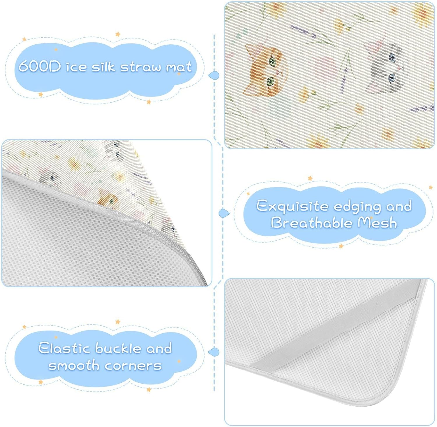Baby Cooling Mat Cat Faces Ice Silk Breathable Mesh Summer Crib Mattress Pad with Pillowcase, Soft Cooling Sleeping Surface for Infant & Toddler, 52"x28"