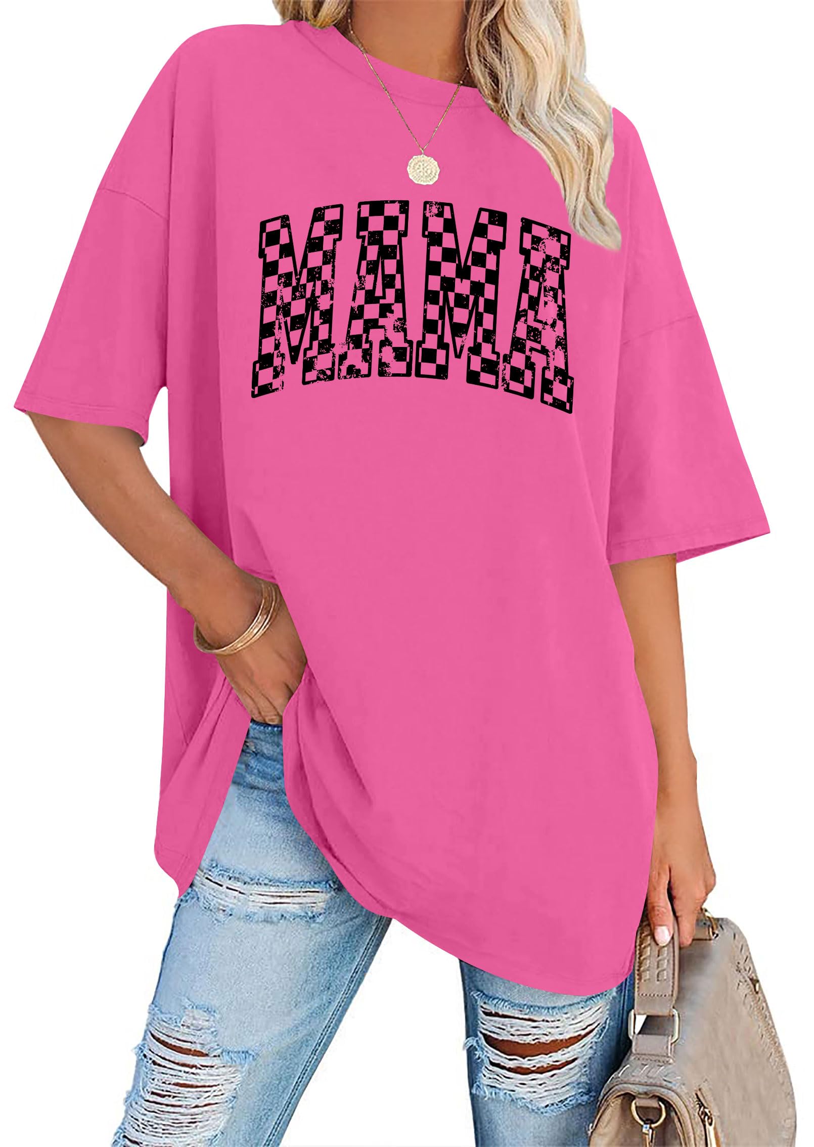 LAZYCHILD Mama Oversized Shirts for Women: Mom Oversized Graphic T-Shirt Mama Letter Print Short Sleeve Tops