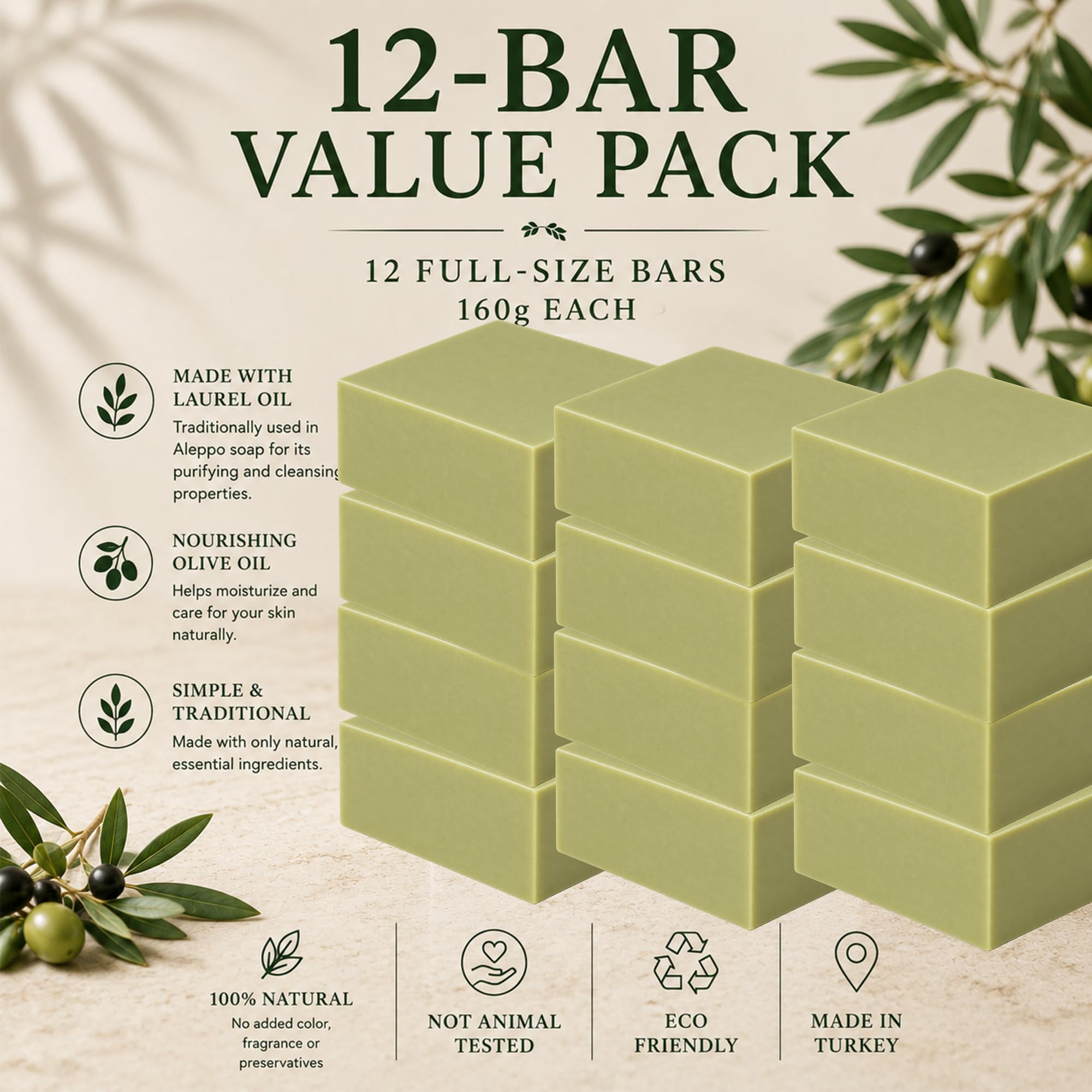 Aleppo Soap Bars, Handmade Natural Vegan Olive Oil & Laurel Soap, 12 x 5.6 oz