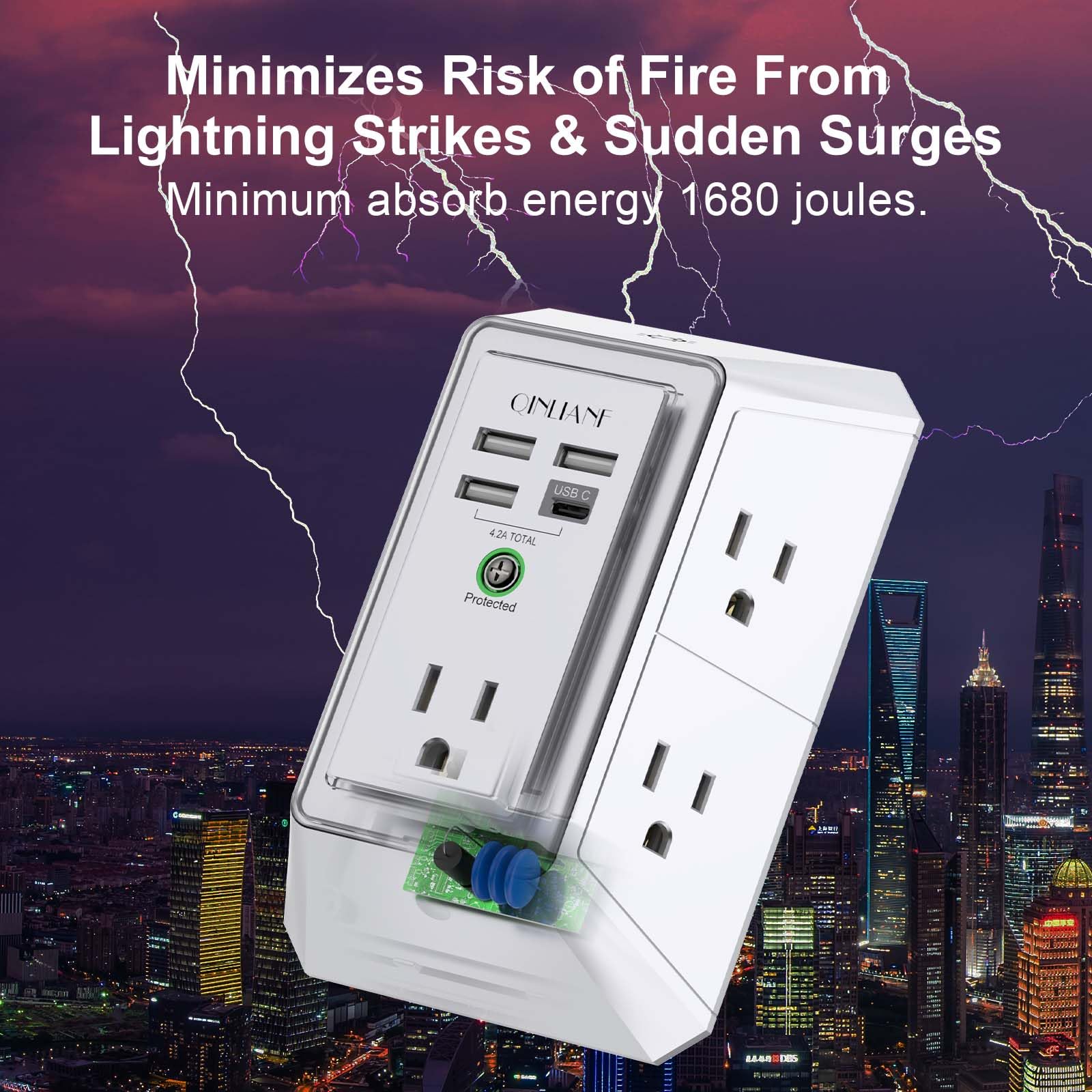 QINLIANF - Regleta de protección contra sobretensiones de 3 lados, enchufe múltiple con 5 extensores de salida y 4 puertos USB (1 USB-C) y luz nocturna, cargador de pared USB para el hogar, oficina