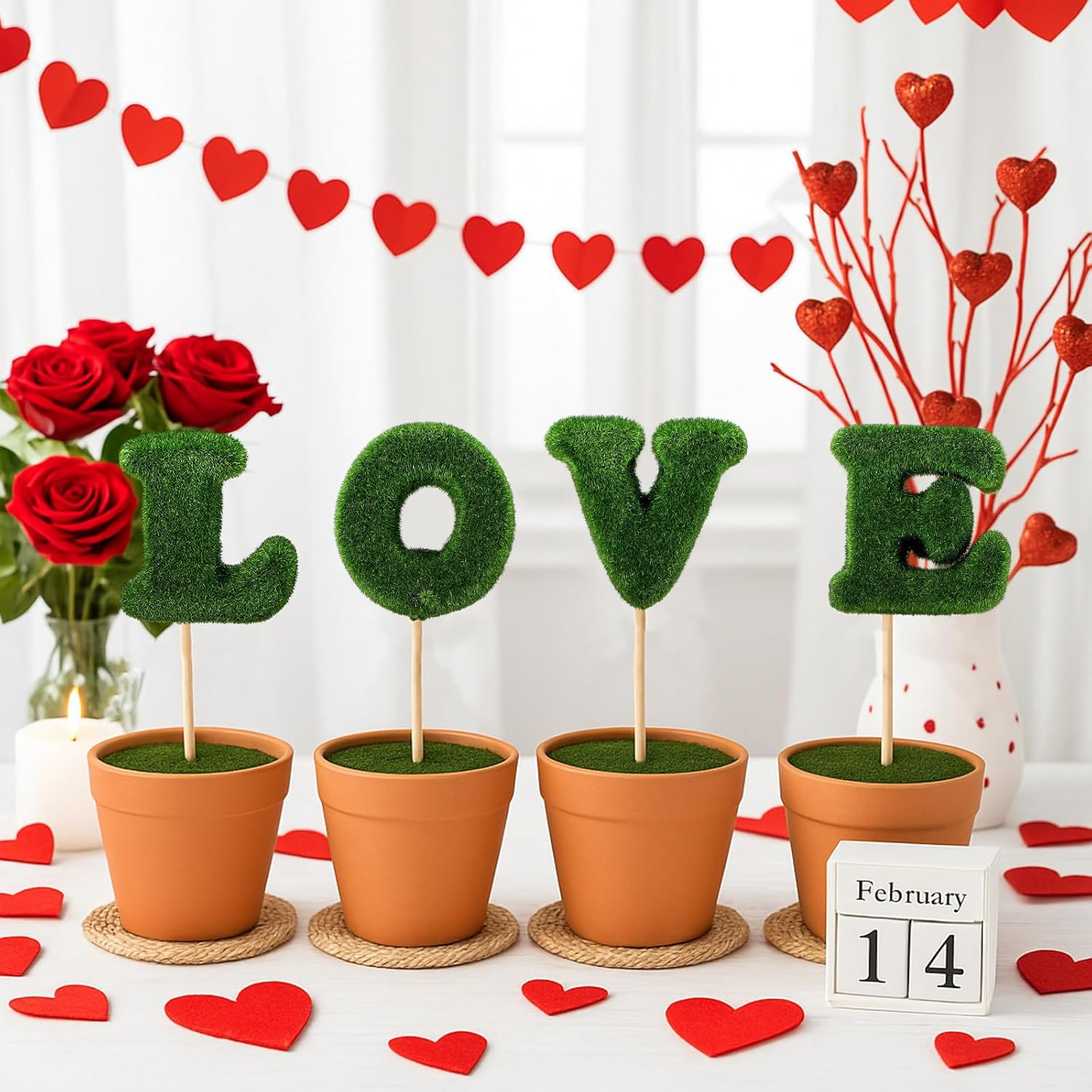 FoldTier Set of 4 Valentine's Day Decorations for Home Valentines Topiary L-O-V-E Letter Shaped Fake Topiary Trees Love Small Artificial Potted Plant Table Centerpiece for Women Wife Mother Gift