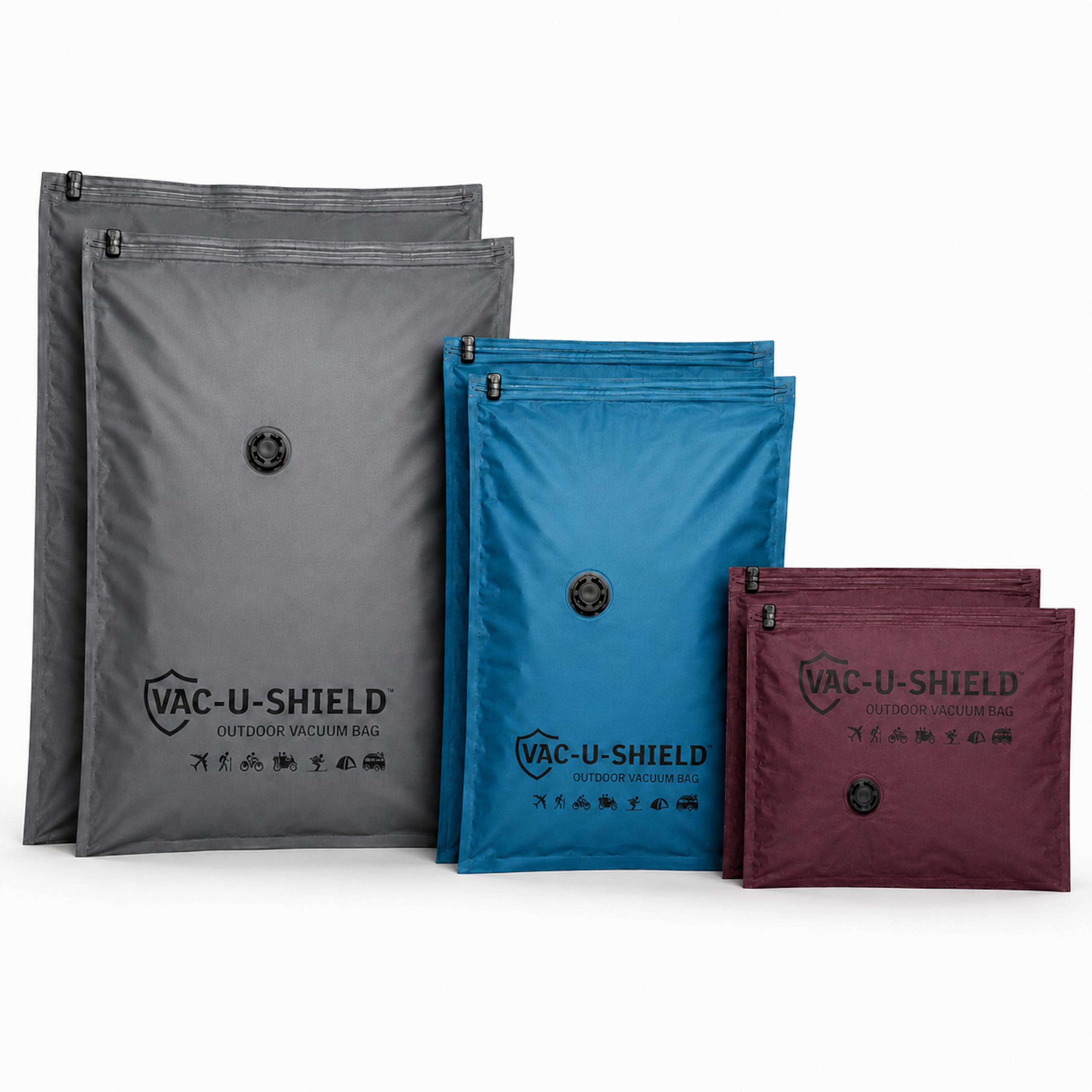 Vac-U-Shield Set 6 Sacchetti Sottovuoto Viaggio Outdoor 3 Misure S M L | 3 misure S M L in tessuto anti-graffio, valvola universale, compressione a mano o con pompa sottovuoto, lunga durata