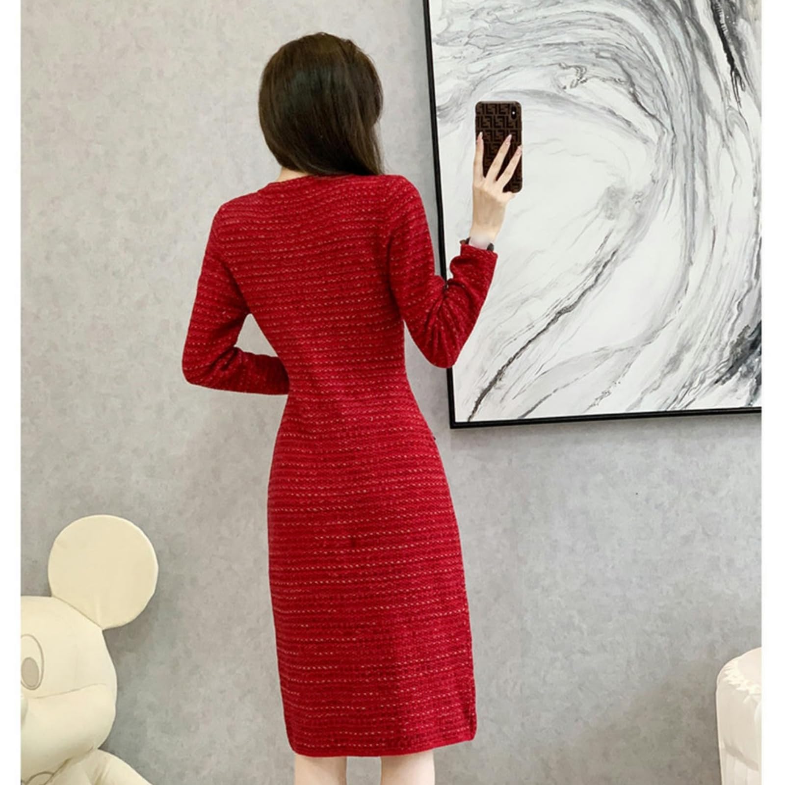 Vestito Donna Autunno Abito da Donna Autunno E Inverno Abito Rosso in Maglione Scozzese A Maniche Lunghe con Scollo Rotondo E Fondo Aderente-Rosso-m