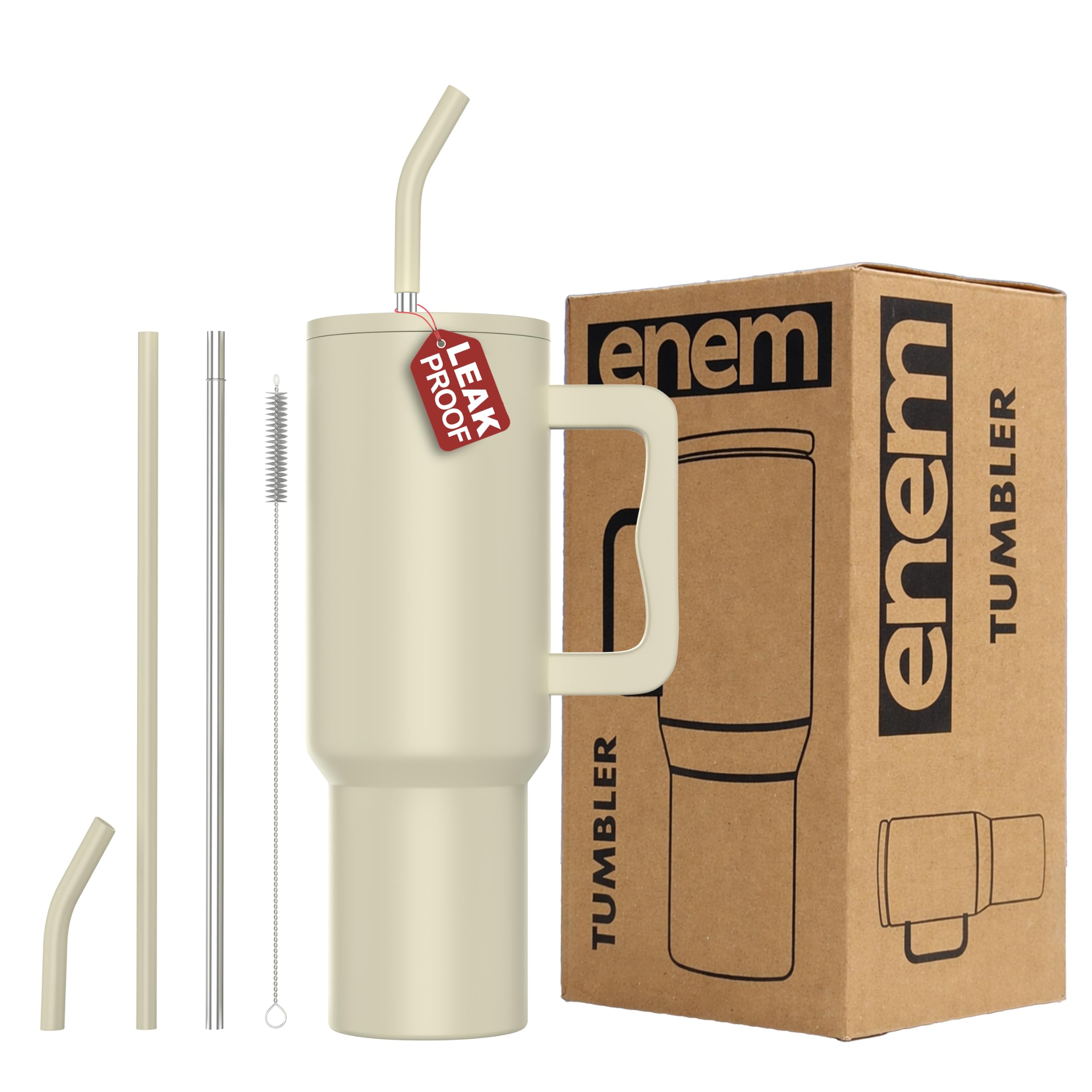 enem Tumbler, Minimal Latte, Insulated Premium Vacuum Leak Proof Tumblers, Stainless Steel Travel Mug with Handle, Lid & Straw, 1.2L Tumbler for Coffee, Iced Tea, or Water