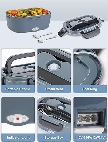 Miniatura 6 de Fiambrera eléctrica de 80 W con controlador de tiempo de calefacción, calentador de alimentos portátil de 1.5 L para adultoshombrestrabajo, 12 V24