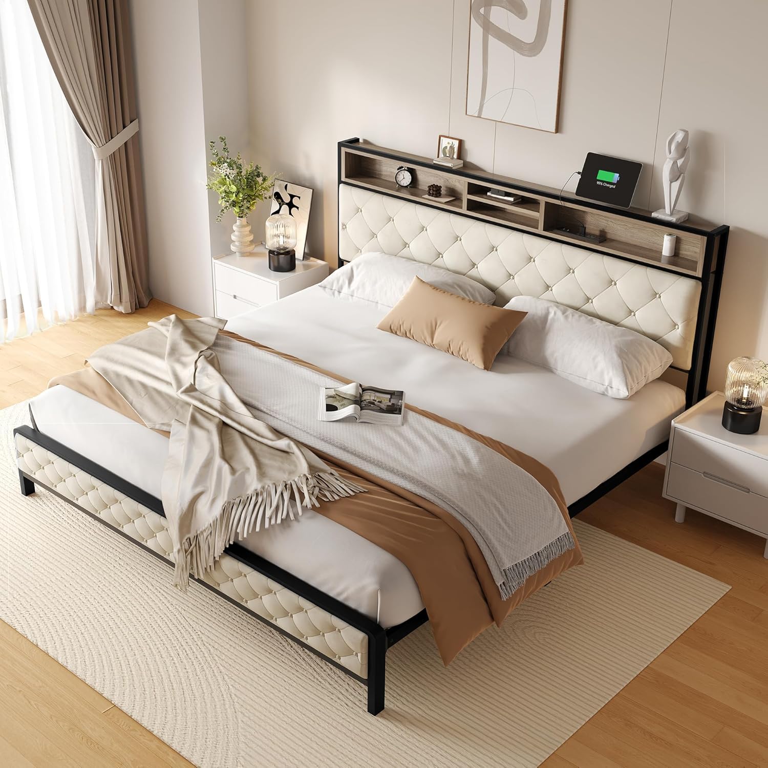 King Size Metal Bed Frame Upholstered Platform Bed with Headboard Footboard Beige Mattress Foundation with Charging Station Metal