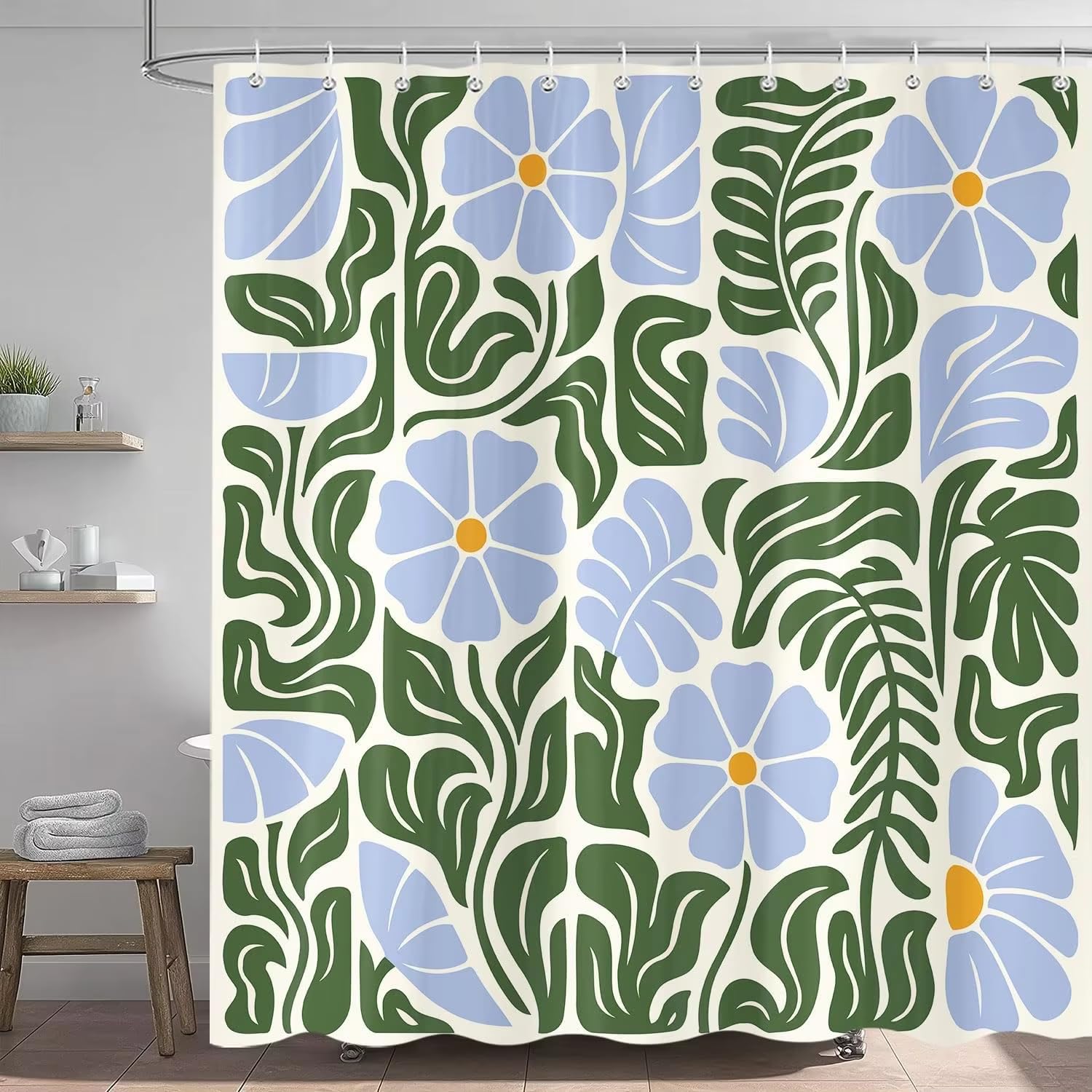 Abstrakter Vintage-Duschvorhang mit Blumenmuster, blau, Boho-Retro-Badezimmerdeko in Blau und Grün, niedlich, Mid-Century Modern, flippig 300x200cm/118x79in(Breite x Höhe)