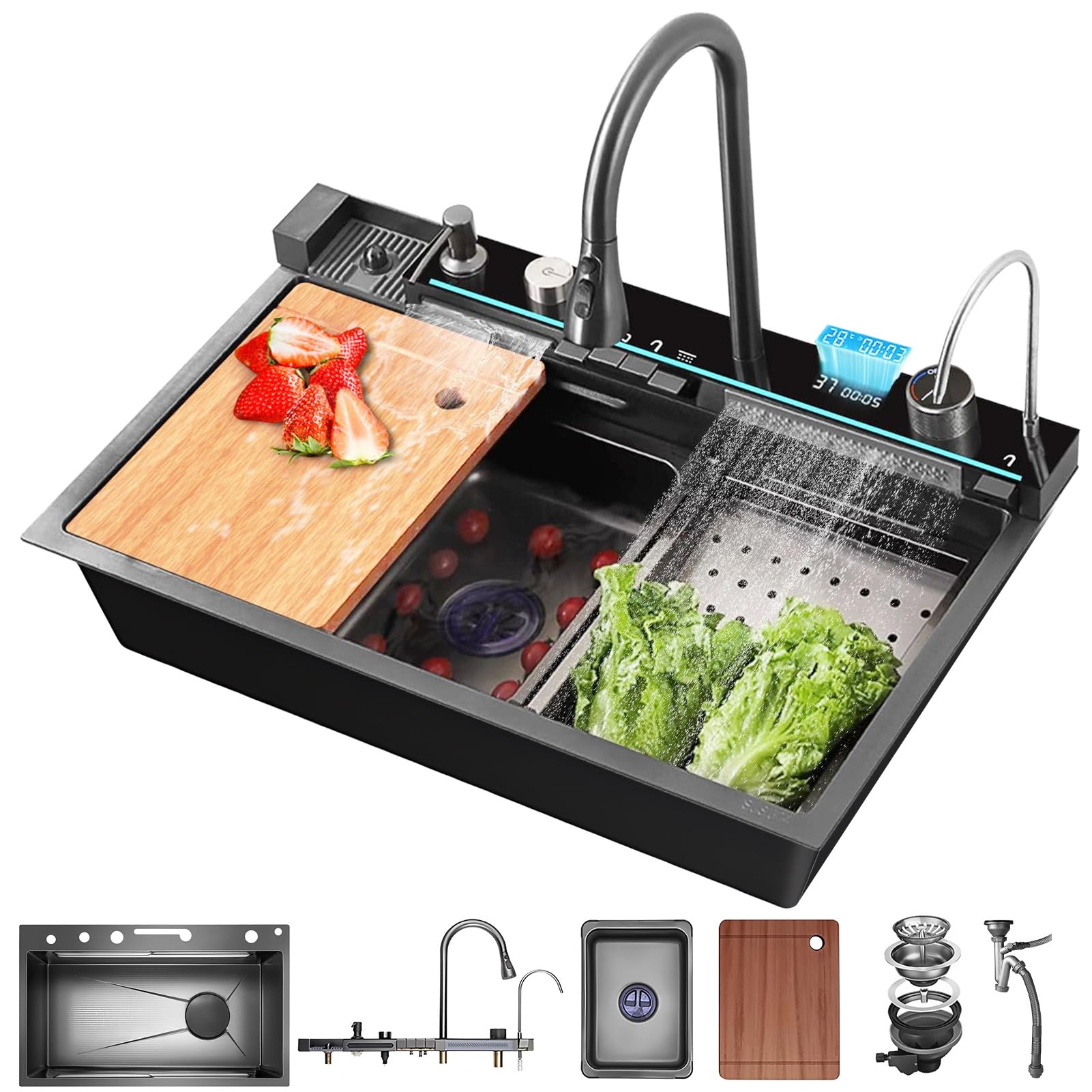 CZYWKDDPP Waterfall 80 x 46 cm - 1 Bowl Stainless Steel Nano Black, Integrated Cup Washer, Pull-Out Fitting, Temperature Display, Chopping Board, Overflow, Siphon & Drain Fitting