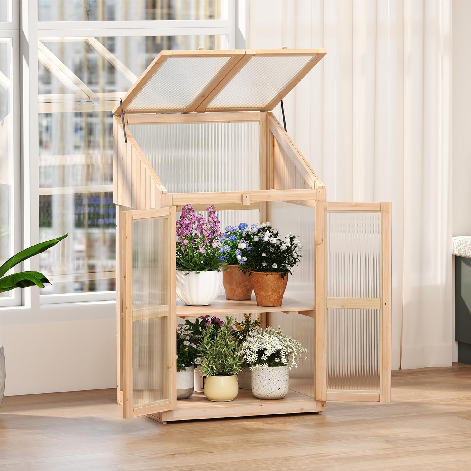 COSTWAY Serra da Balcone, Serra in Legno con Ripiano Fiori Rialzato, Tetto Trasparente Apribile, Porta Bloccabile e Ripiani Rimovibili, per Giardino e Cortile, 69 x 58 x 121 cm