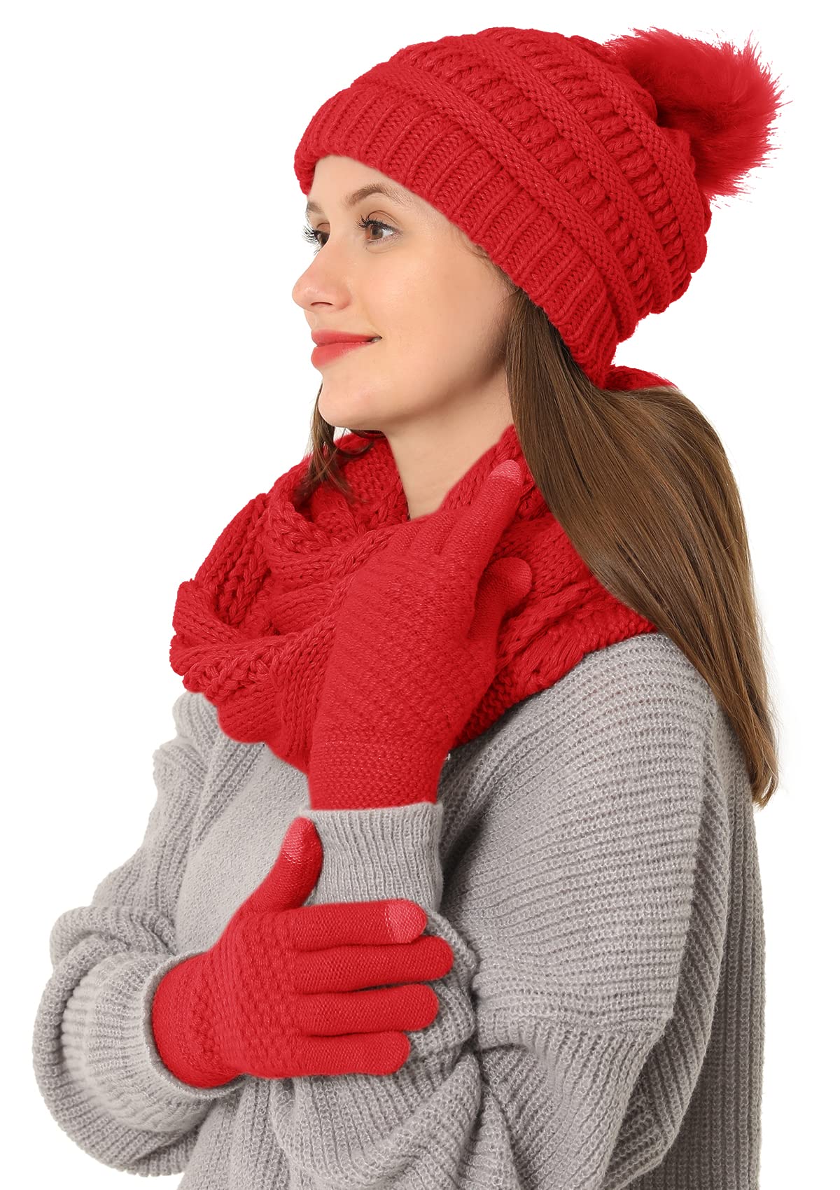 Double Couple 3pcs Winter Beanie Hat Scarf and Touch Screen Gloves Set for Women Knit Hat with Faux