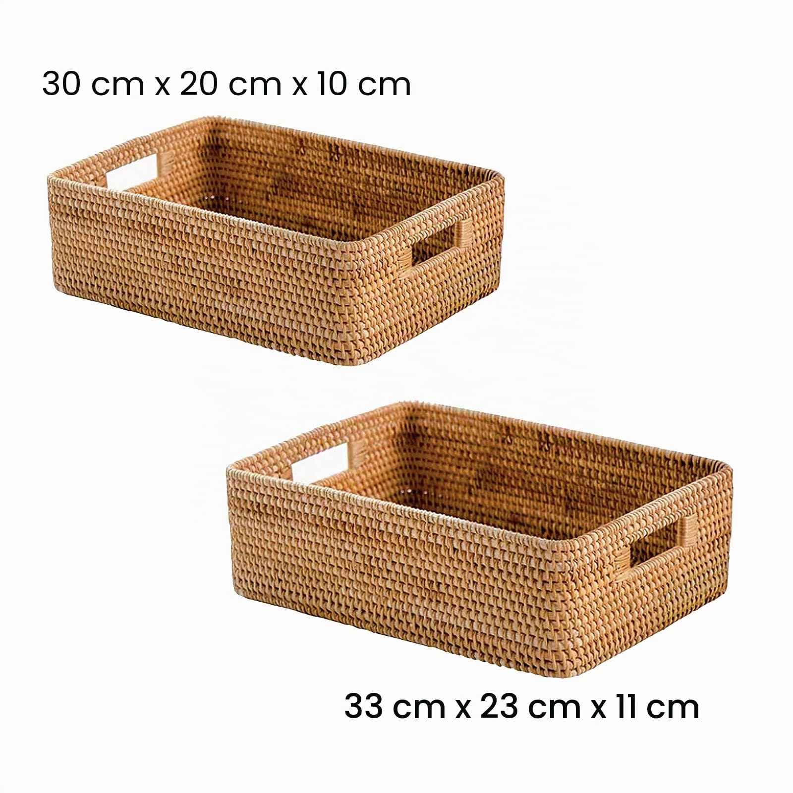 Canastas de almacenamiento de ratán, cesta de mimbre apilable con asas, contenedor organizador de estantes, para sala de estar, baño, cocina, estantes (33 x 23 x 11 cm)