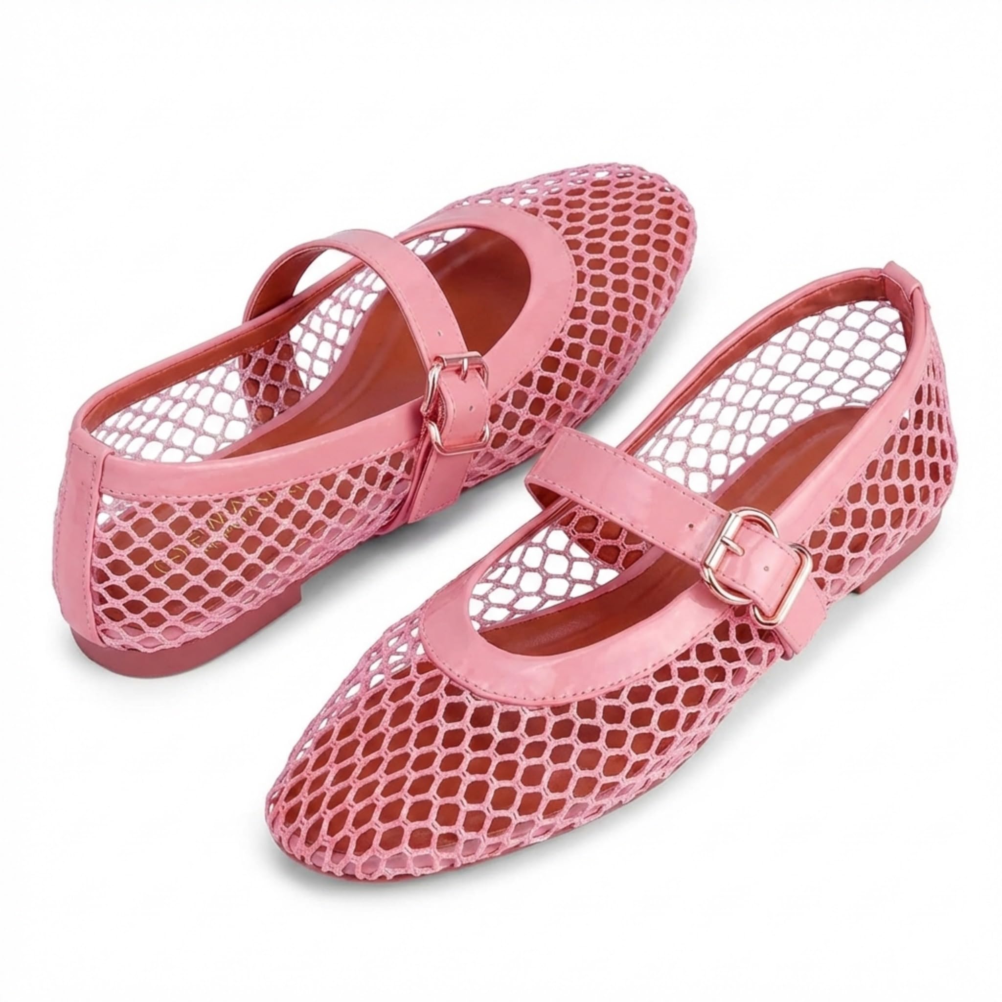 EMMA NEW YORK Women's Mesh Ballet Flats - Fishnet Mary Jane Flats with Adjustable Buckle Strap, Breathable & Stylish Ballerina Shoes (Pink, 8)