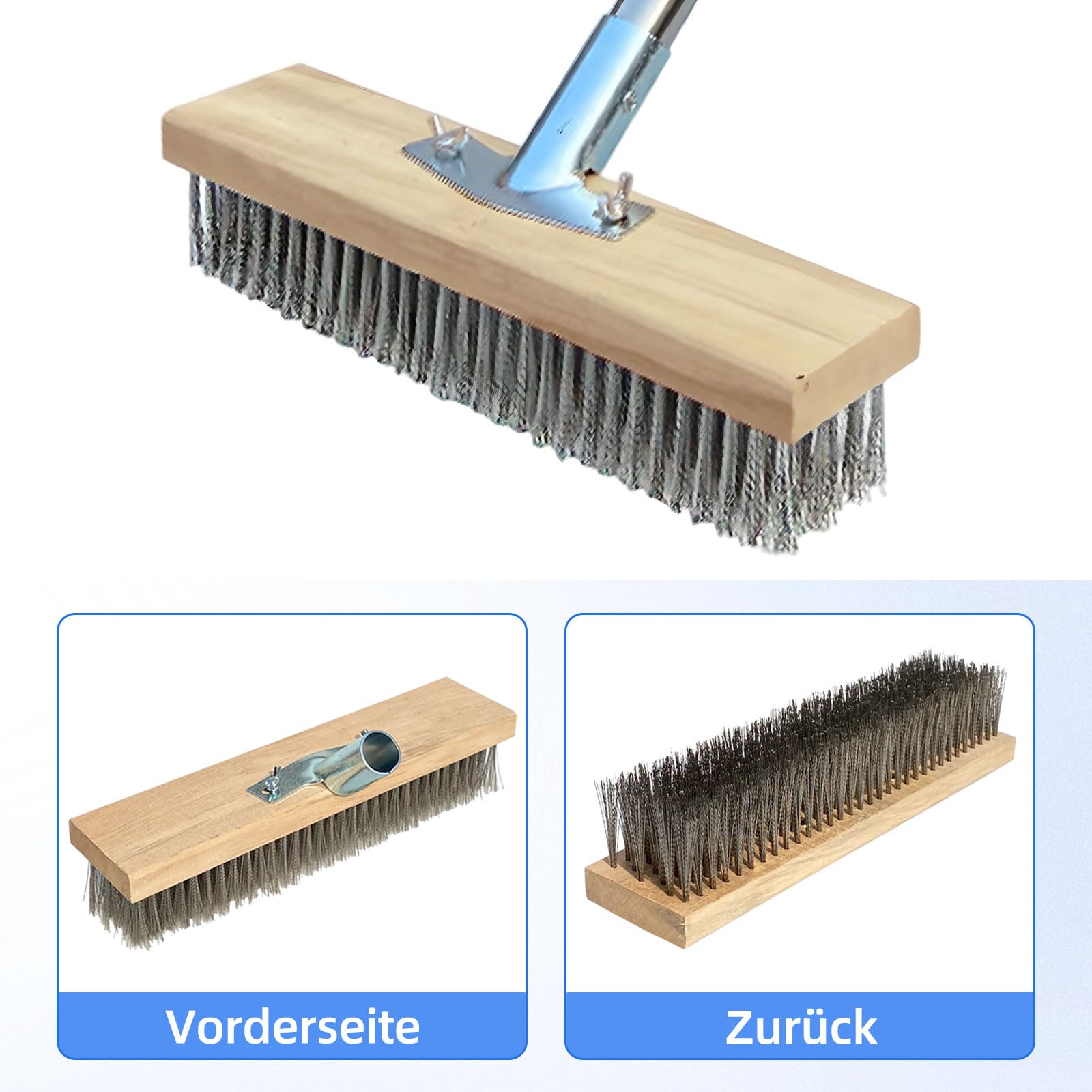 Scopa in filo di acciaio resistente con manico da 1,6 m, perfetta per rimuovere muschio erbacce e sporco ostinato da terrazze, terrazze, giardini, docce e pareti