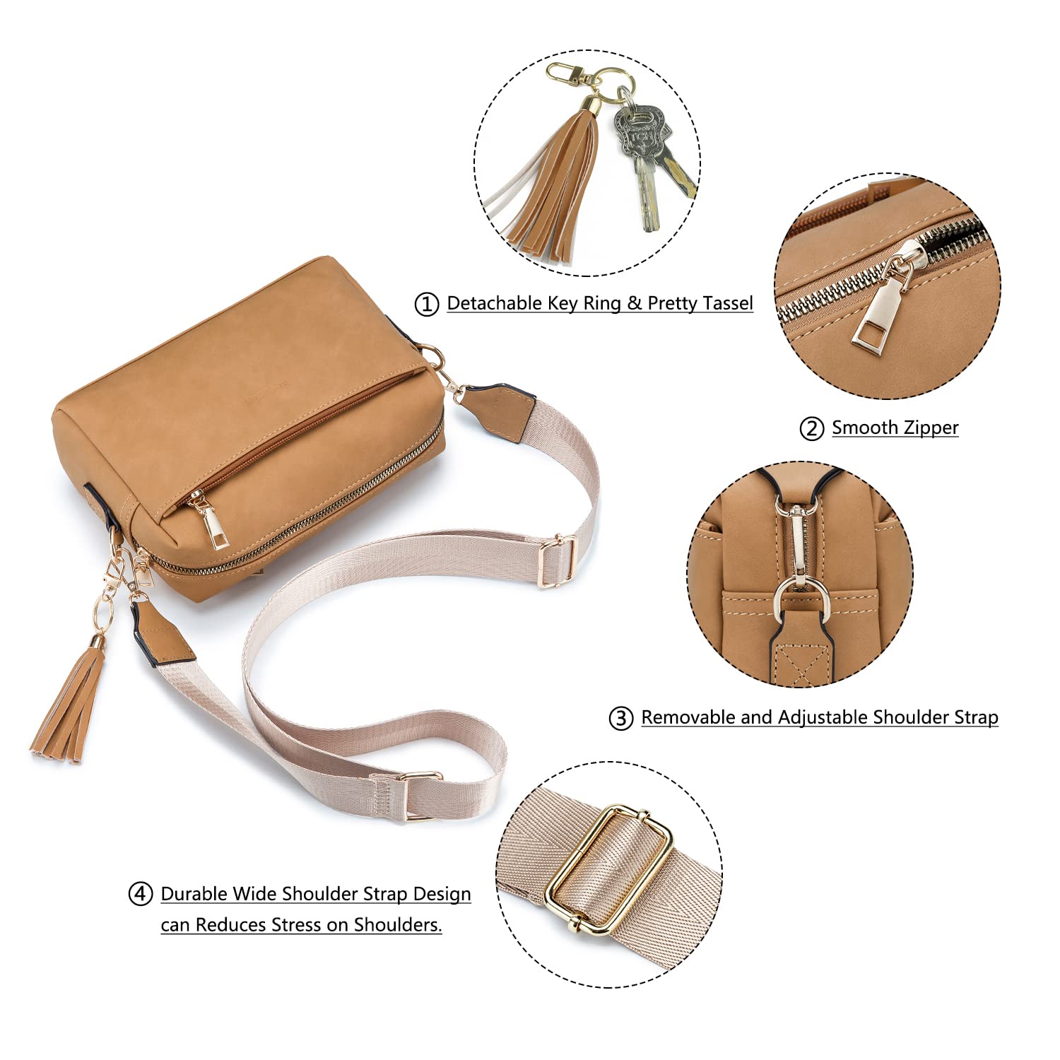 Roulens Piccola Borsa a Tracolla Donna con 3 Scomparti Capienti,Borsa Mano PU Pelle Messenger Crossbody Bag,Borsa a Spalla con Tracolla Ampia Regolabile e Rimovibile